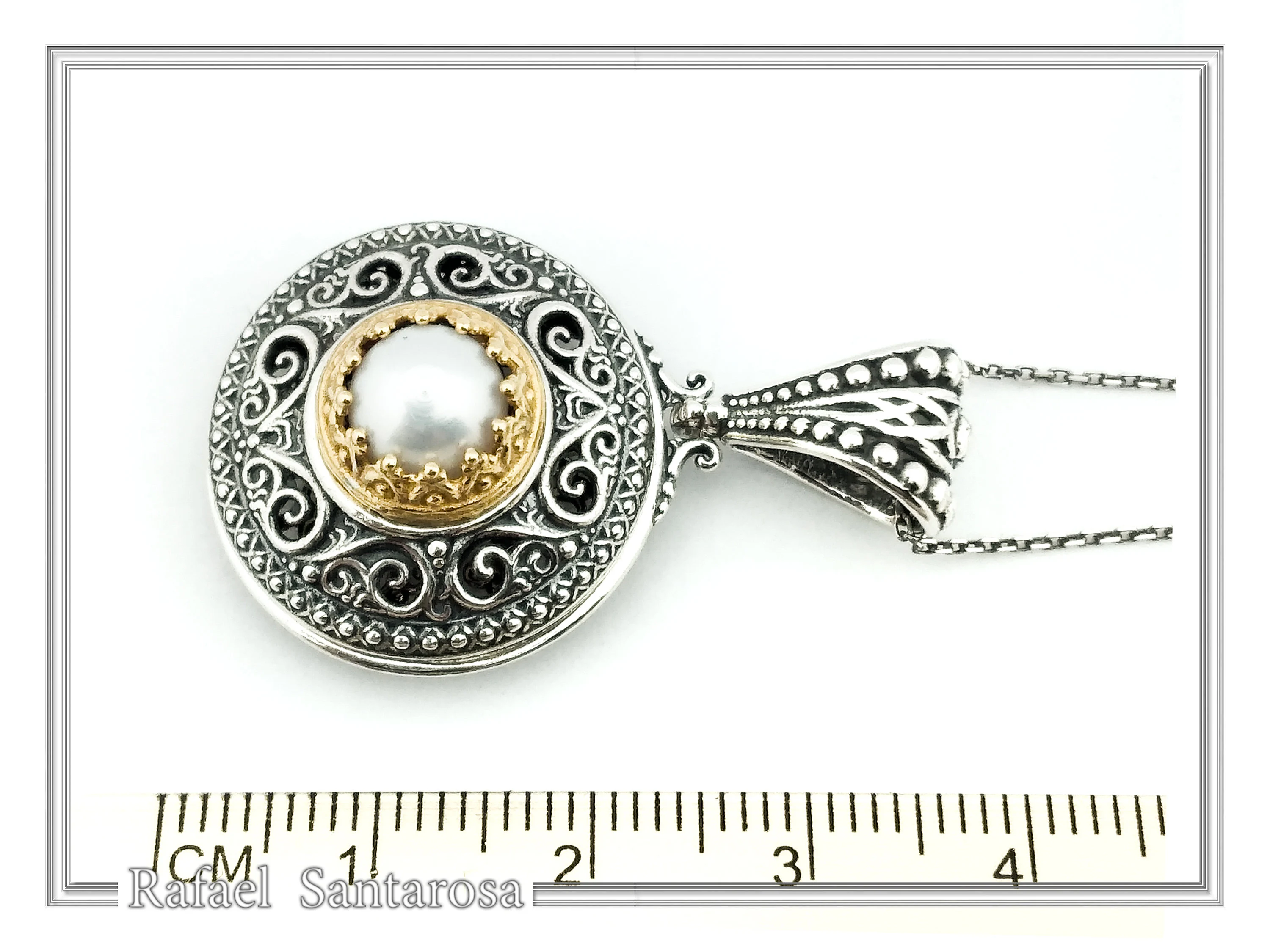 Byzantine natural Pearl Pendant: Oxidized Sterling Silver and Gold-Filled Filigree Necklace — additional product image 7 from Rafael Santarosa Fine Jewelry