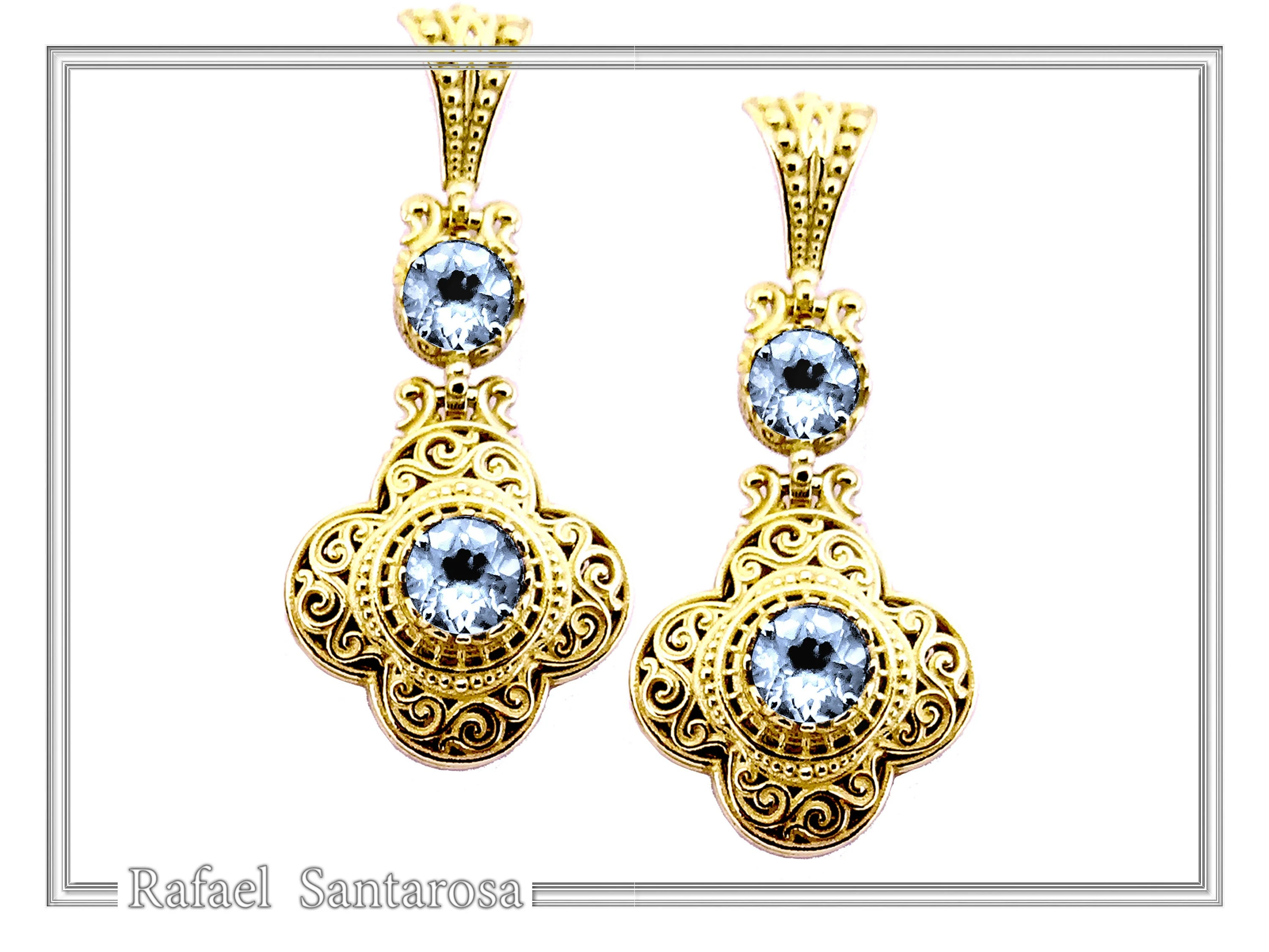 18K Solid Gold Filigree Byzantine Dangle Earrings with Natural Sky-Blue Topaz Brilliant Cut — additional product image 2 from Rafael Santarosa Fine Jewelry