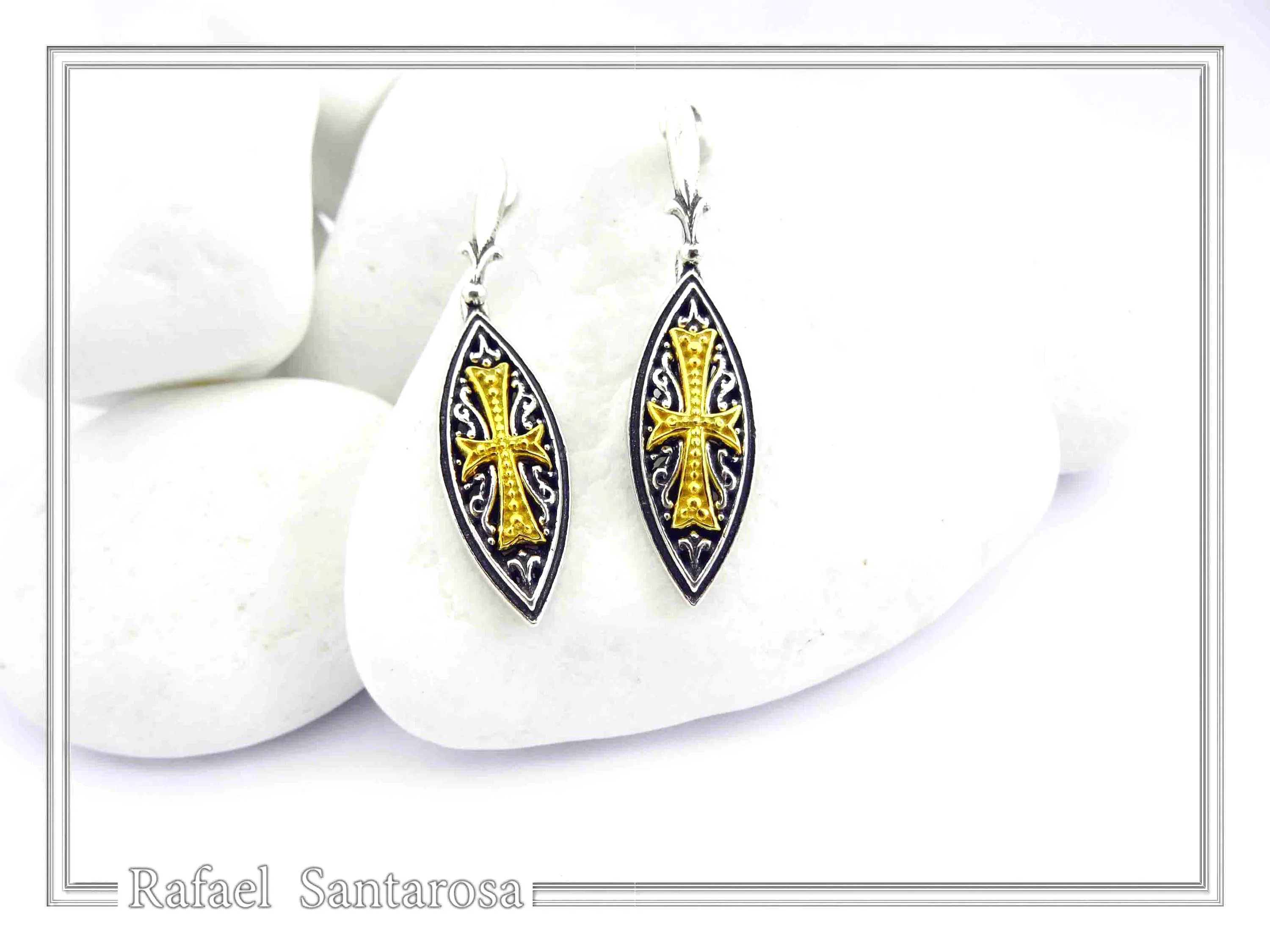 Maltese Cross Drop Earrings. Medieval Jewelry: Oxidized and 18K Gold-Filled Sterling Silver — additional product image 5 from Rafael Santarosa Fine Jewelry
