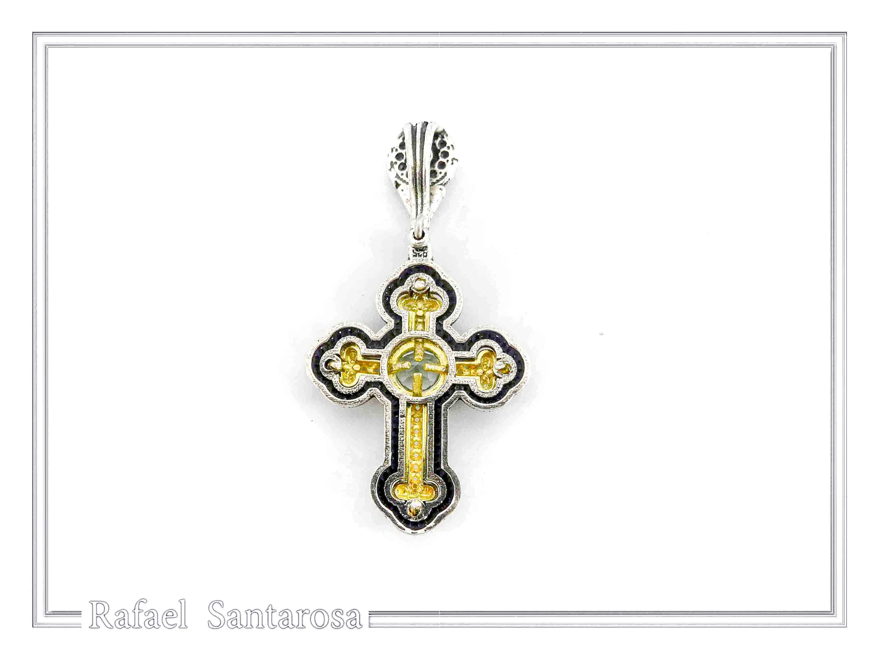 Genuine Sky-Blue Topaz Byzantine Filigree Cross Necklace: Silver oxidised & 18K Gold filled — additional product image 7 from Rafael Santarosa Fine Jewelry