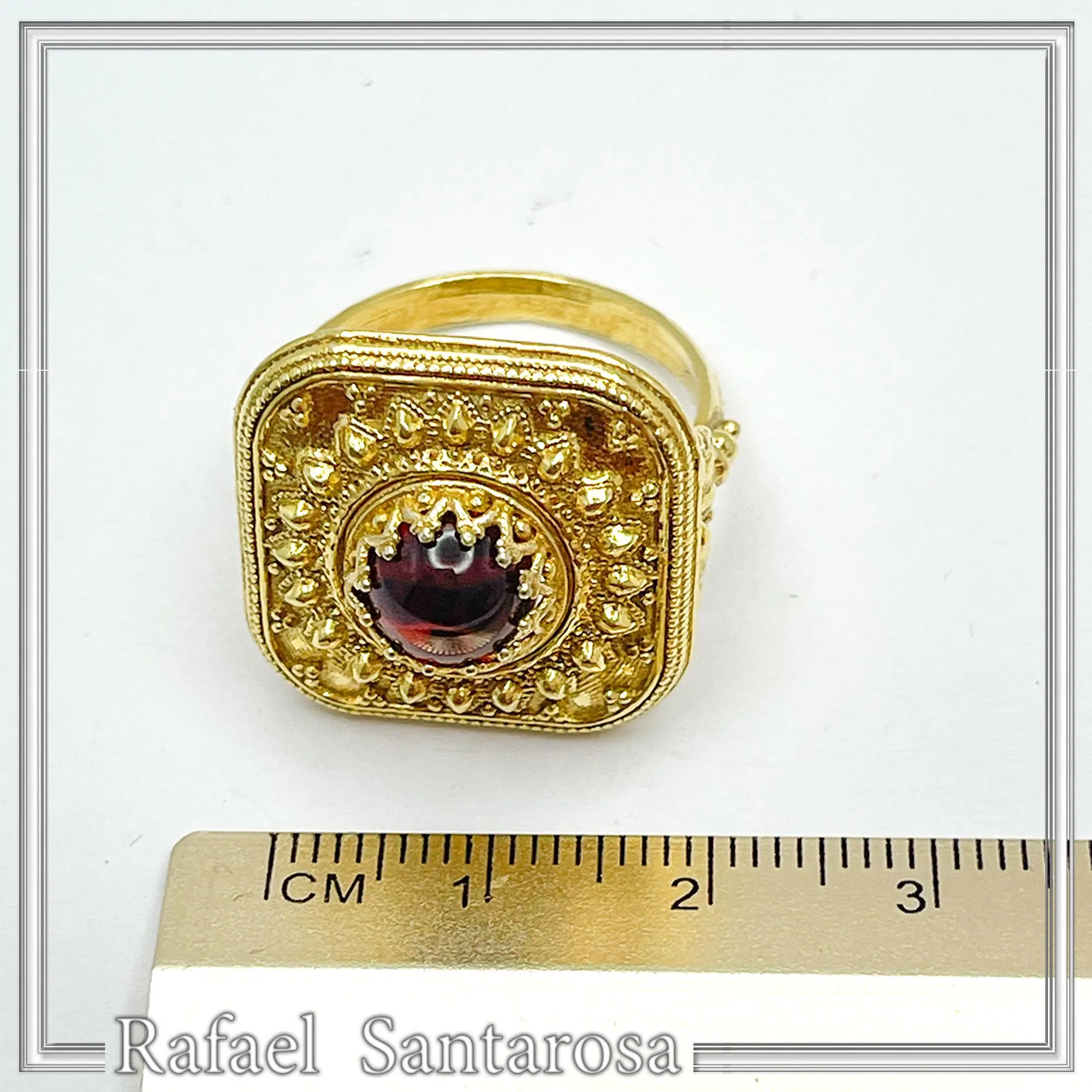 Byzantine Natural Garnet Statement Ring: 18K Gold Filled Granulation Filigree Sterling Silver — additional product image 8 from Rafael Santarosa Fine Jewelry
