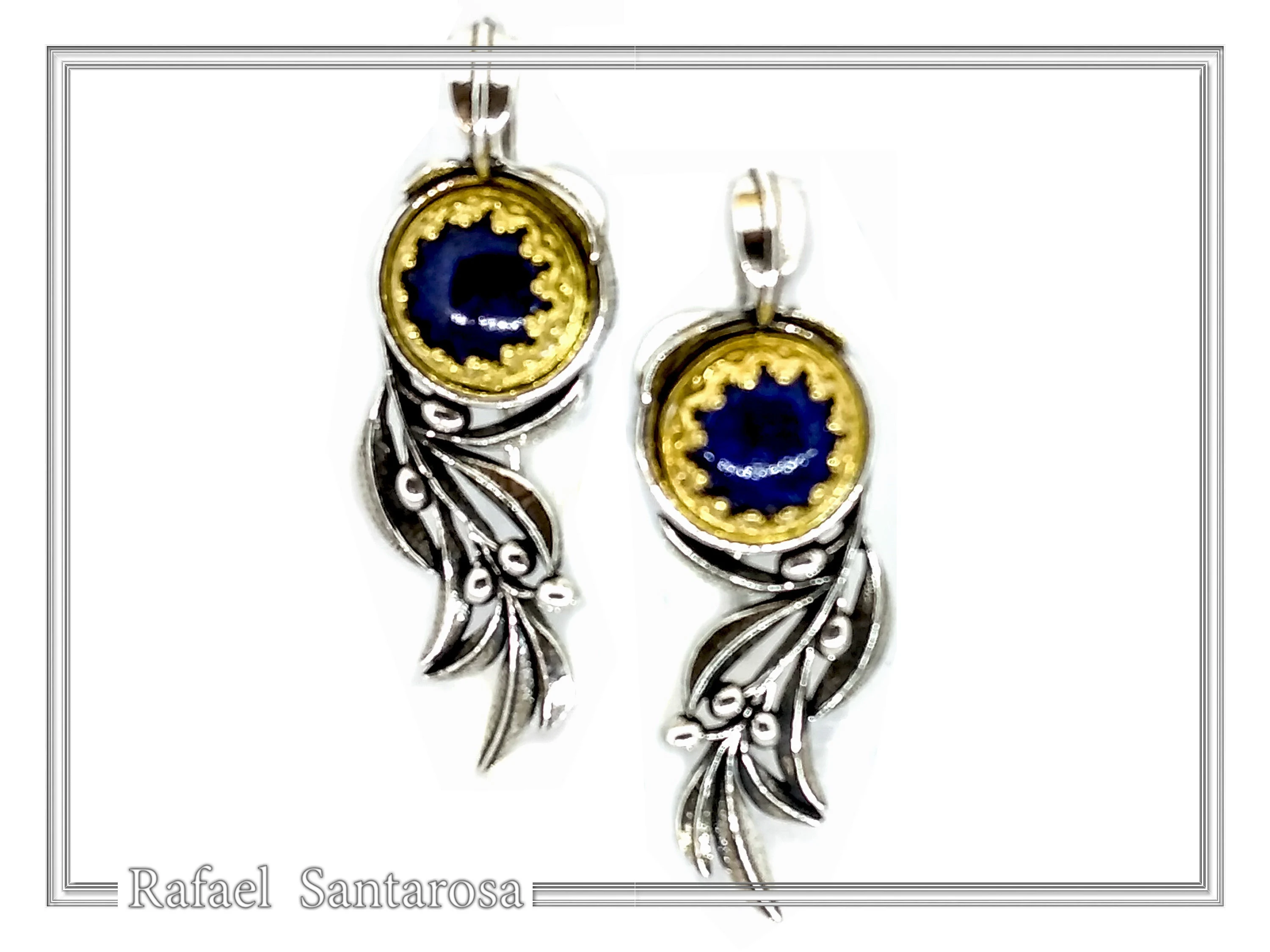 Natural Lapis Lazuli Olive Branch Earrings: Oxidized Sterling Silver, 18K Gold Filled Filigree Bezel — additional product image 6 from Rafael Santarosa Fine Jewelry