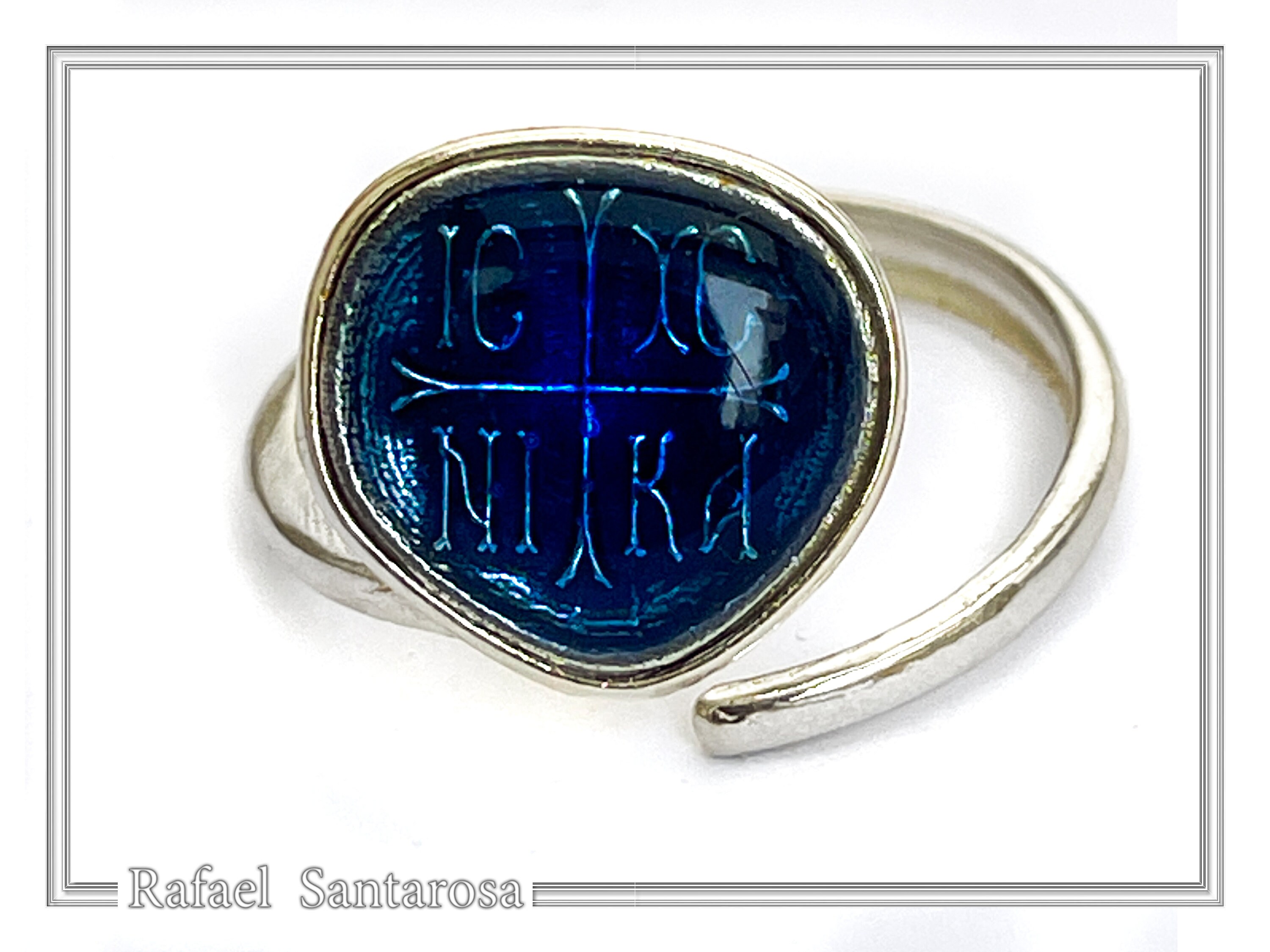 ICXC NIKA "Jesus Christ Conquers" Blue Enamel Christogram Talisman Ring: Solid Sterling Silver — additional product image 5 from Rafael Santarosa Fine Jewelry