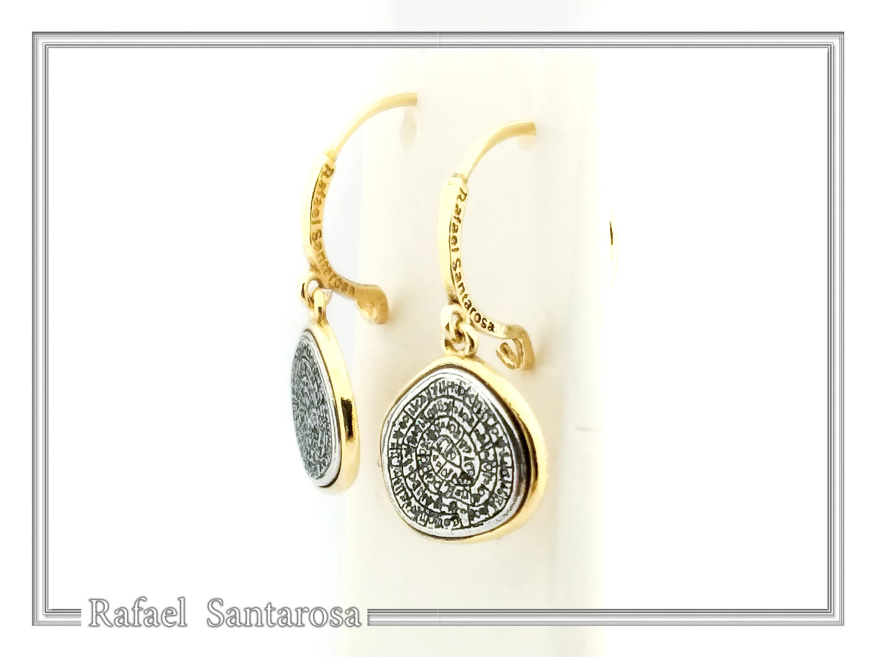 Phaistos Disc Ancient Greek Calendar Earrings: Sterling Silver, 18k Gold Filled, Museum Jewelry — additional product image 4 from Rafael Santarosa Fine Jewelry