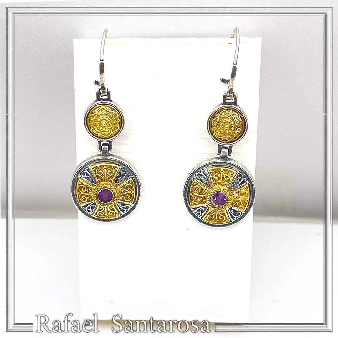 Byzantine Cross Drop Earrings Sterling Silver Oxidised and 18k Gold Filled African Amethyst — additional product image 7 from Rafael Santarosa Fine Jewelry
