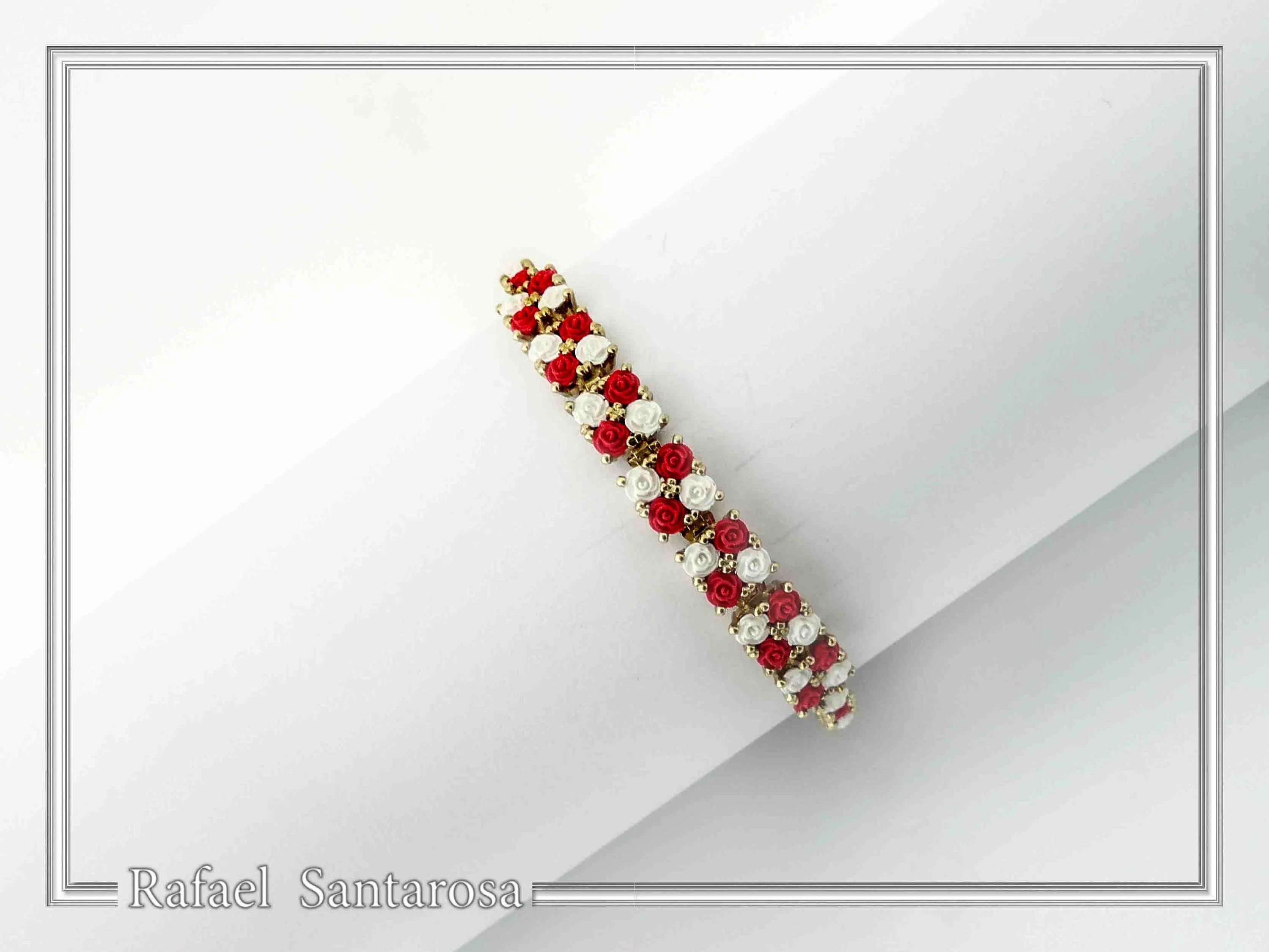 Tennis bracelet with red & white rose flowers on square beads. 18K gold filled silver — additional product image 2 from Rafael Santarosa Fine Jewelry