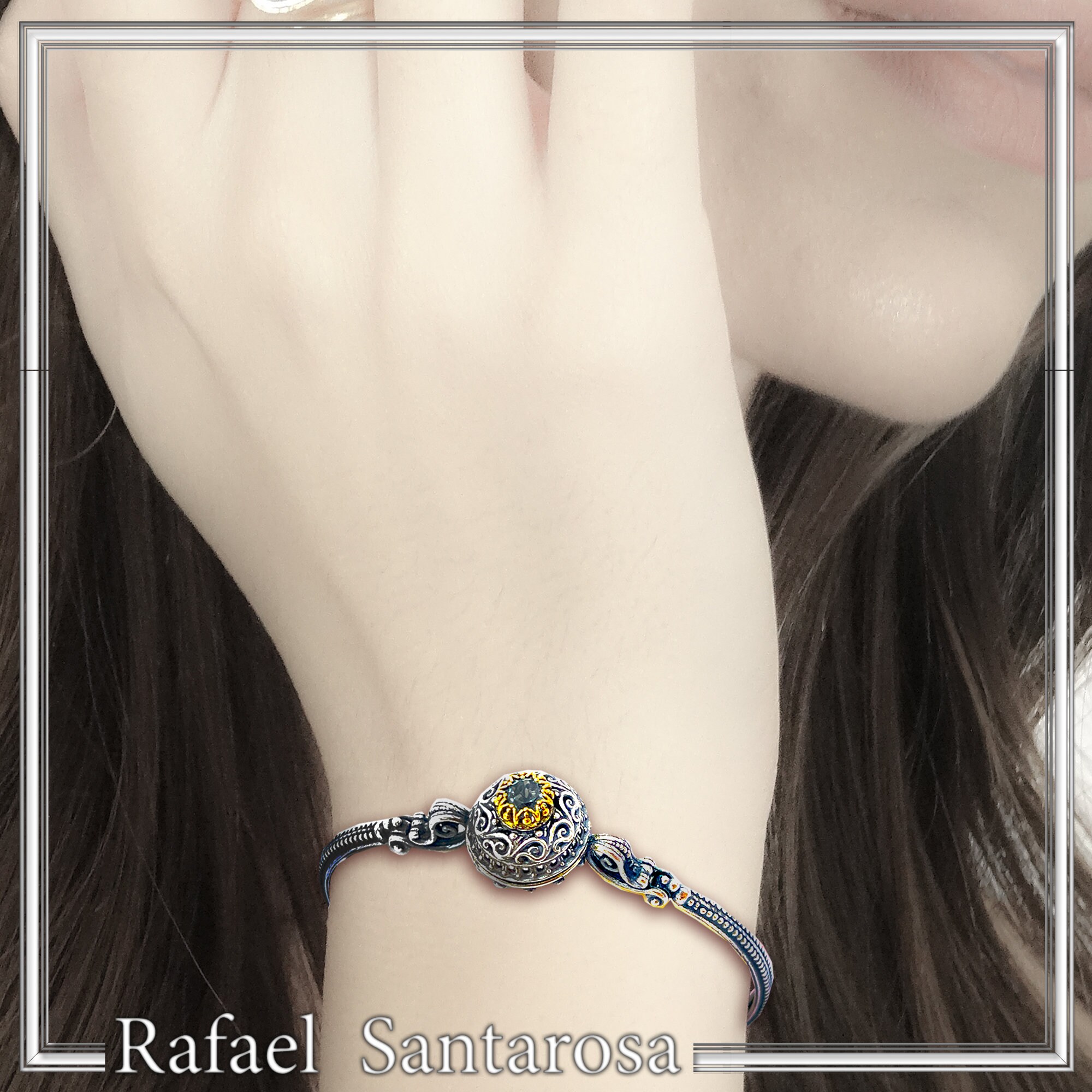 Natural Sky-Blue Topaz Byzantine Bracelet: Oxidised Sterling Silver with 18K Gold Filled Filigree Bezel — additional product image 3 from Rafael Santarosa Fine Jewelry