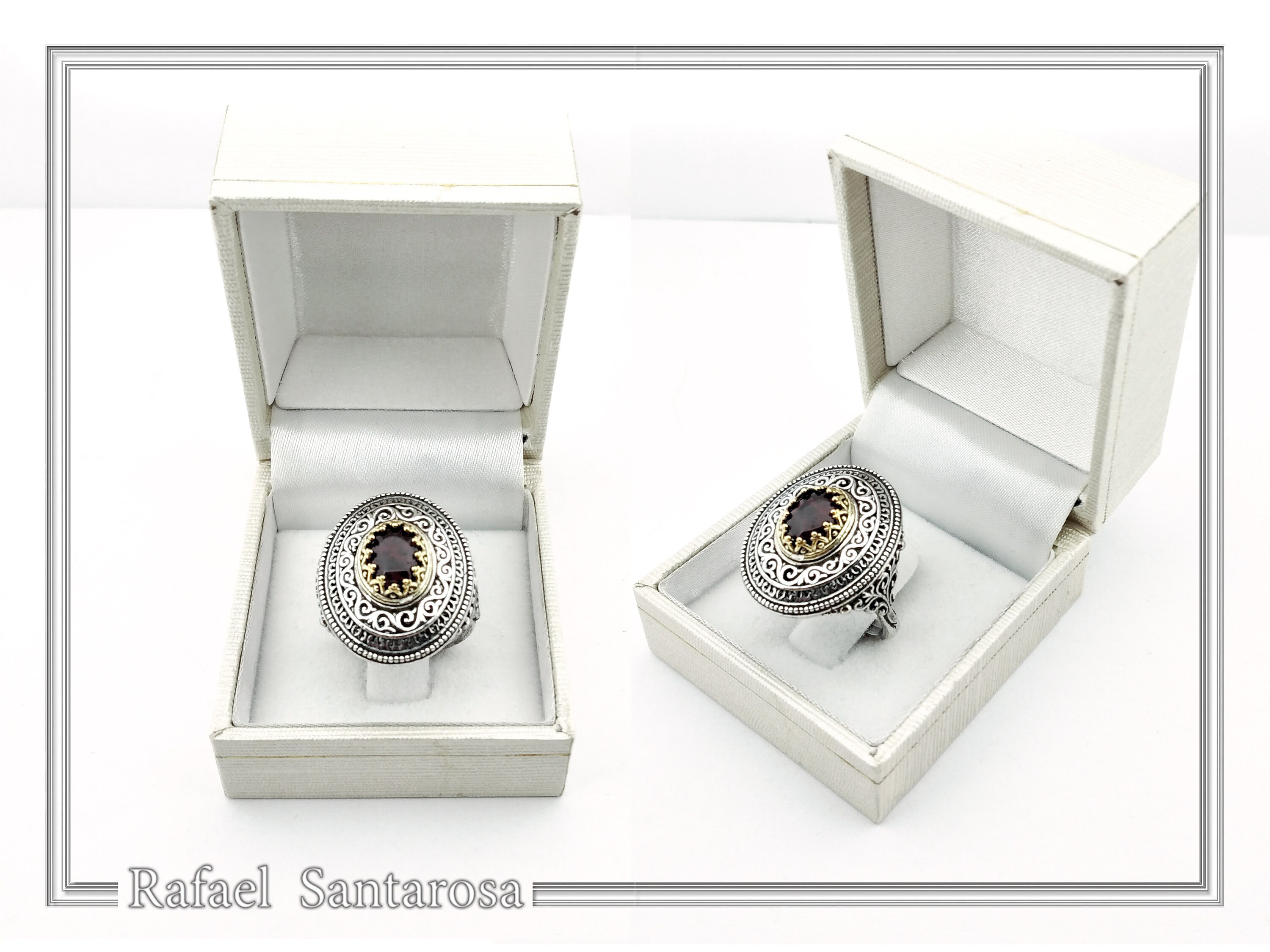 Dark Red Genuine Garnet Byzantine Style Ring: Oxidized Sterling Silver & 18K Gold Filled Bezel — additional product image 8 from Rafael Santarosa Fine Jewelry