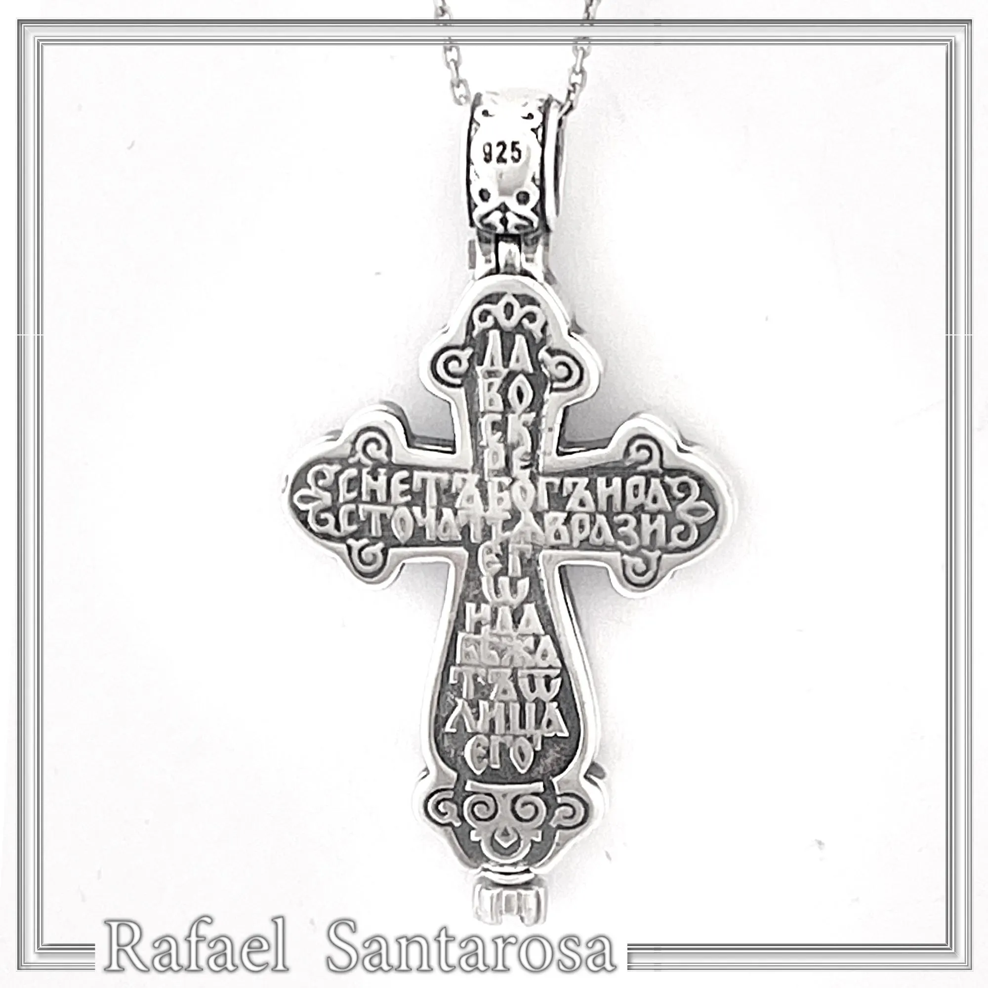 Byzantine Cyrillic Prayer Cross Locket Necklace: Russian Type Sterling Silver Reliquary Cross Pendant — additional product image 8 from Rafael Santarosa Fine Jewelry
