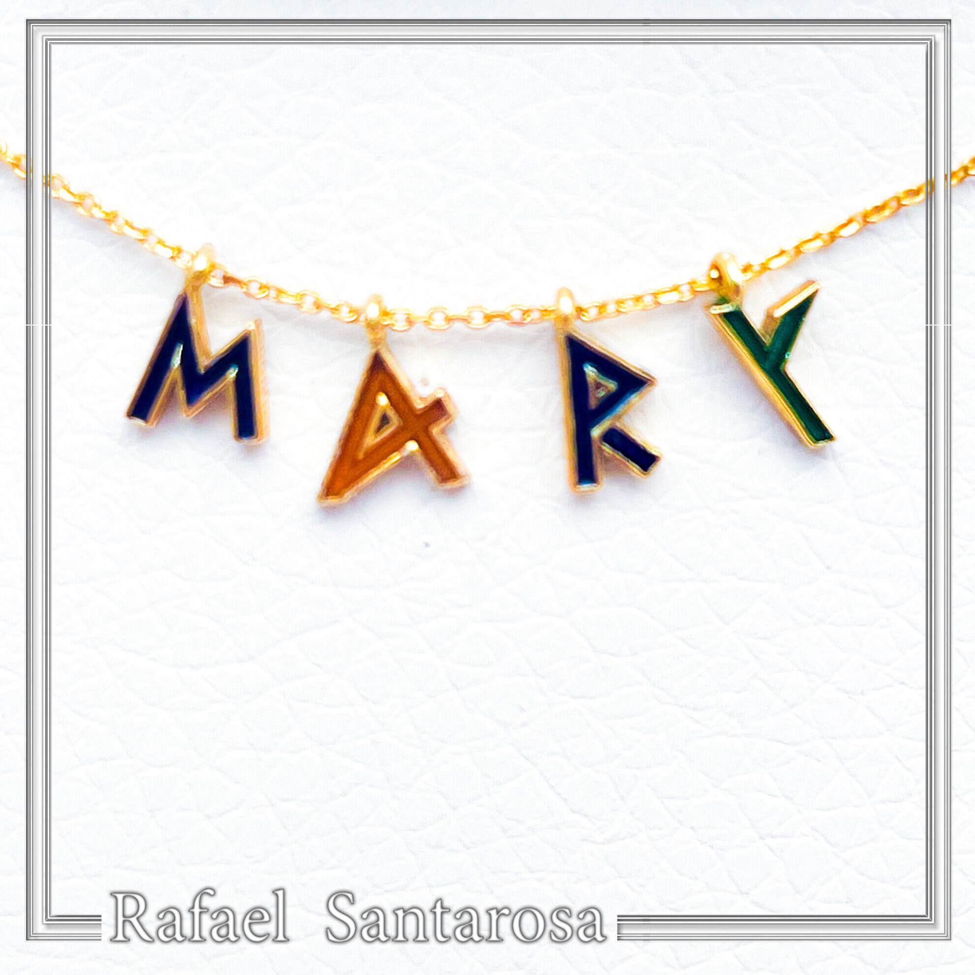 Personalized "Mary" Name Silver Gold filled Beaded Necklace: Enamel Letter Charm, Ancient Greek Font — additional product image 2 from Rafael Santarosa Fine Jewelry