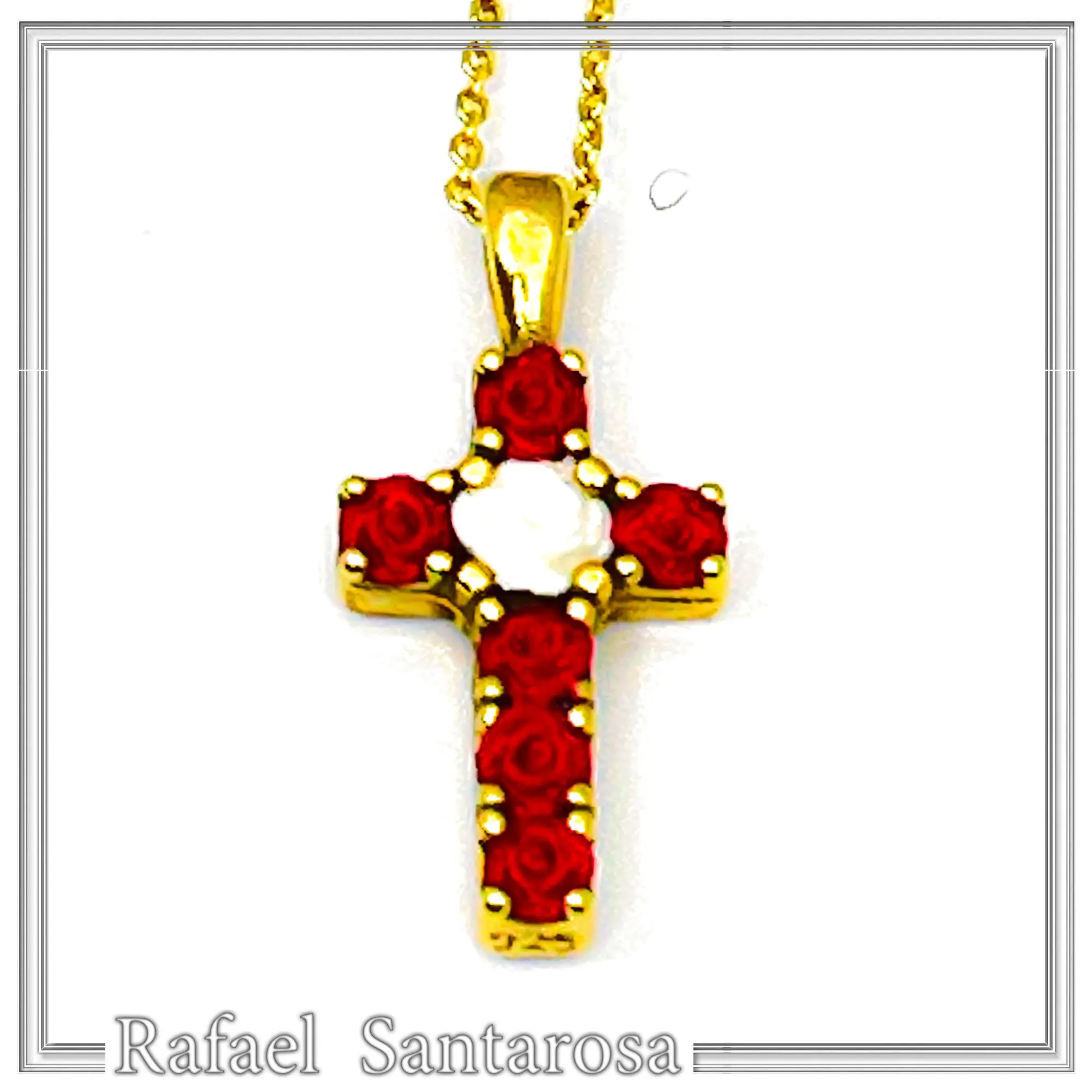Tiny Cross Necklace: Hand Sculpted Alabaster Rose Flowers 18K Gold Filled Sterling Silver Cross — additional product image 5 from Rafael Santarosa Fine Jewelry