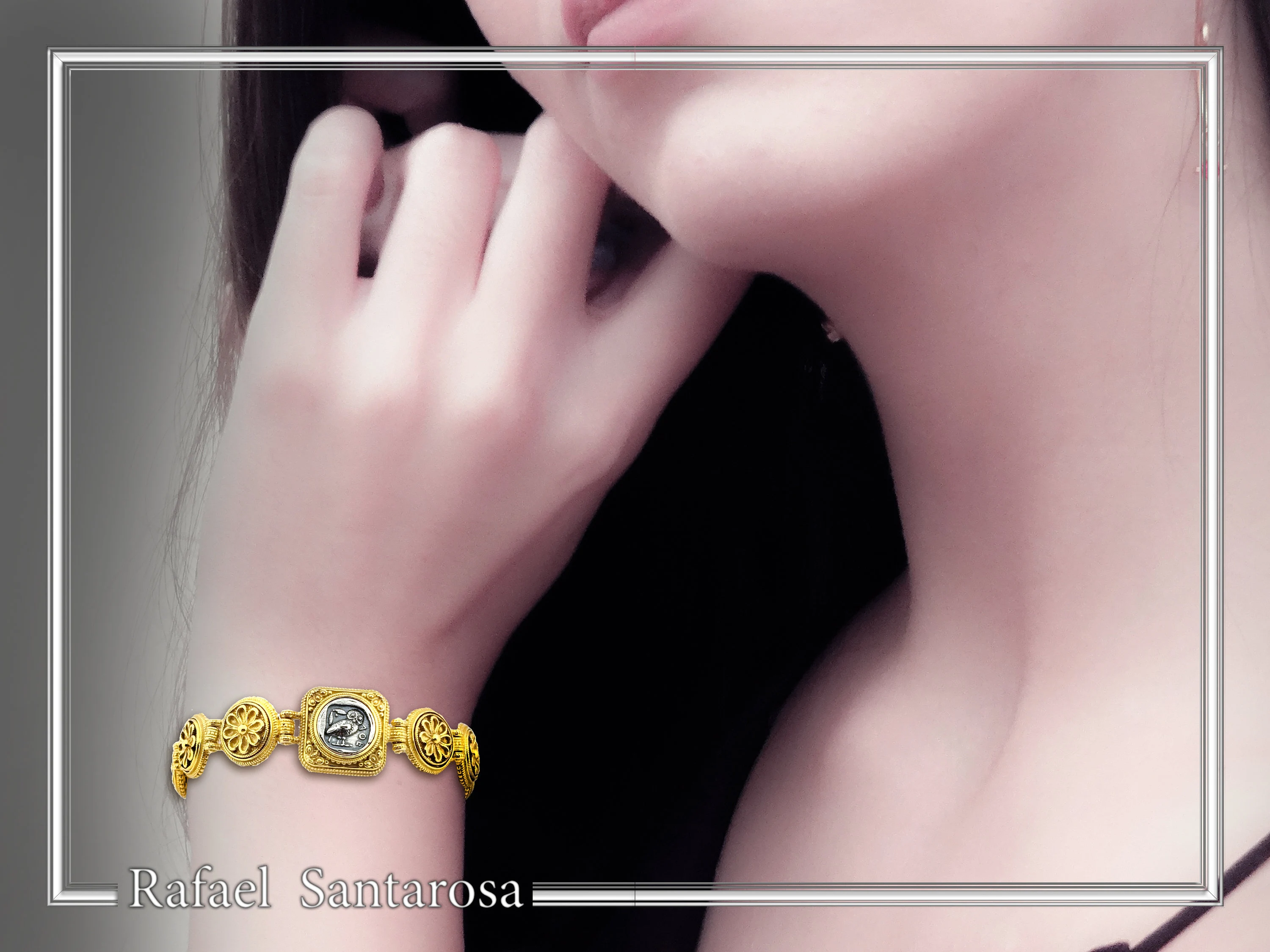 Tetradrachm Owl Coin Ancient Greek style Beaded Bracelet: 18k Gold Filled & Oxidized Sterling Silver — additional product image 3 from Rafael Santarosa Fine Jewelry