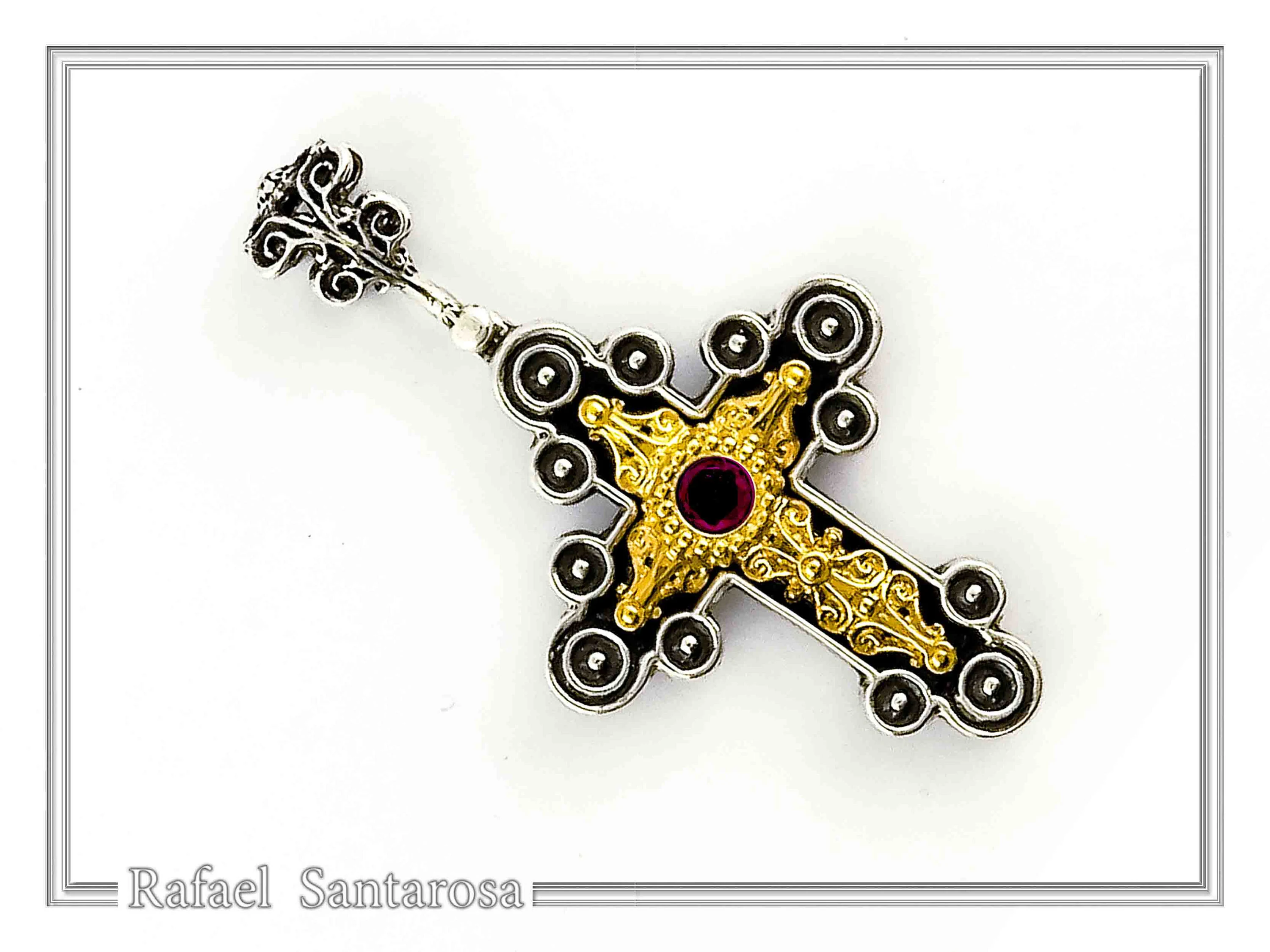 African Genuine Amethyst Byzantine Cross Necklace: Oxidized Sterling Silver & 18K Gold Filled — additional product image 7 from Rafael Santarosa Fine Jewelry