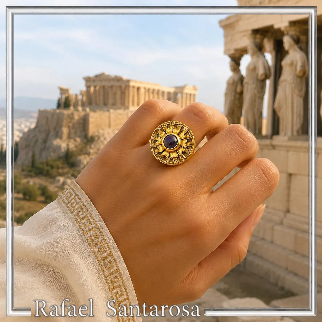 Ancient Greek Garnet Ring Sterling Silver 18K Gold Filled Archeological Museum Inspired — additional product image 2 from Rafael Santarosa Fine Jewelry