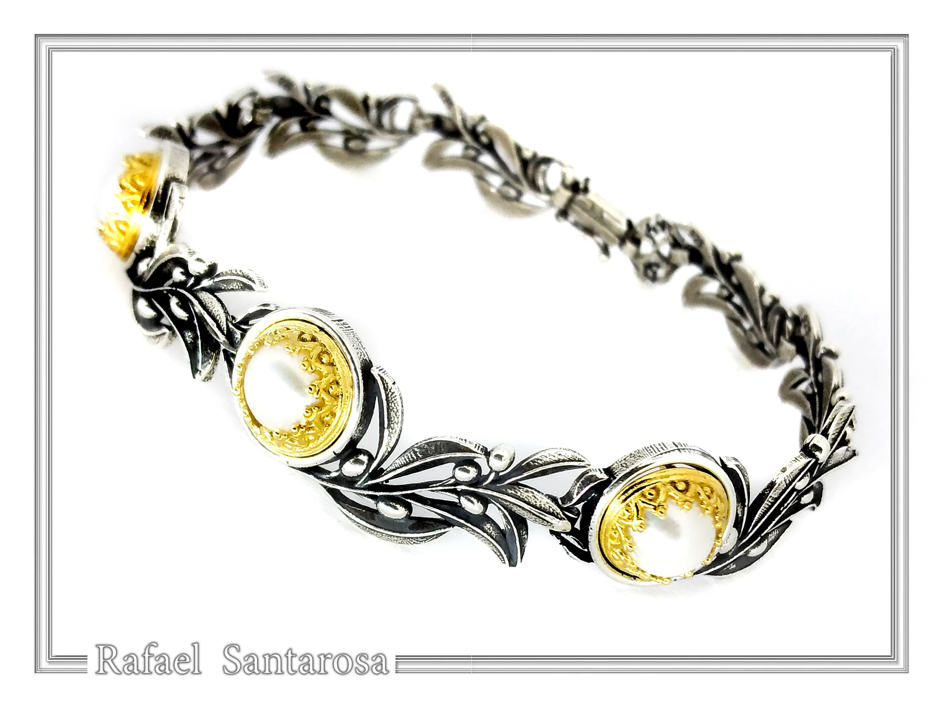 Natural Lapis Lazuli Olive Leaf Floral Beaded Bracelet: Oxidized and 18K Gold Filled Silver — additional product image 5 from Rafael Santarosa Fine Jewelry