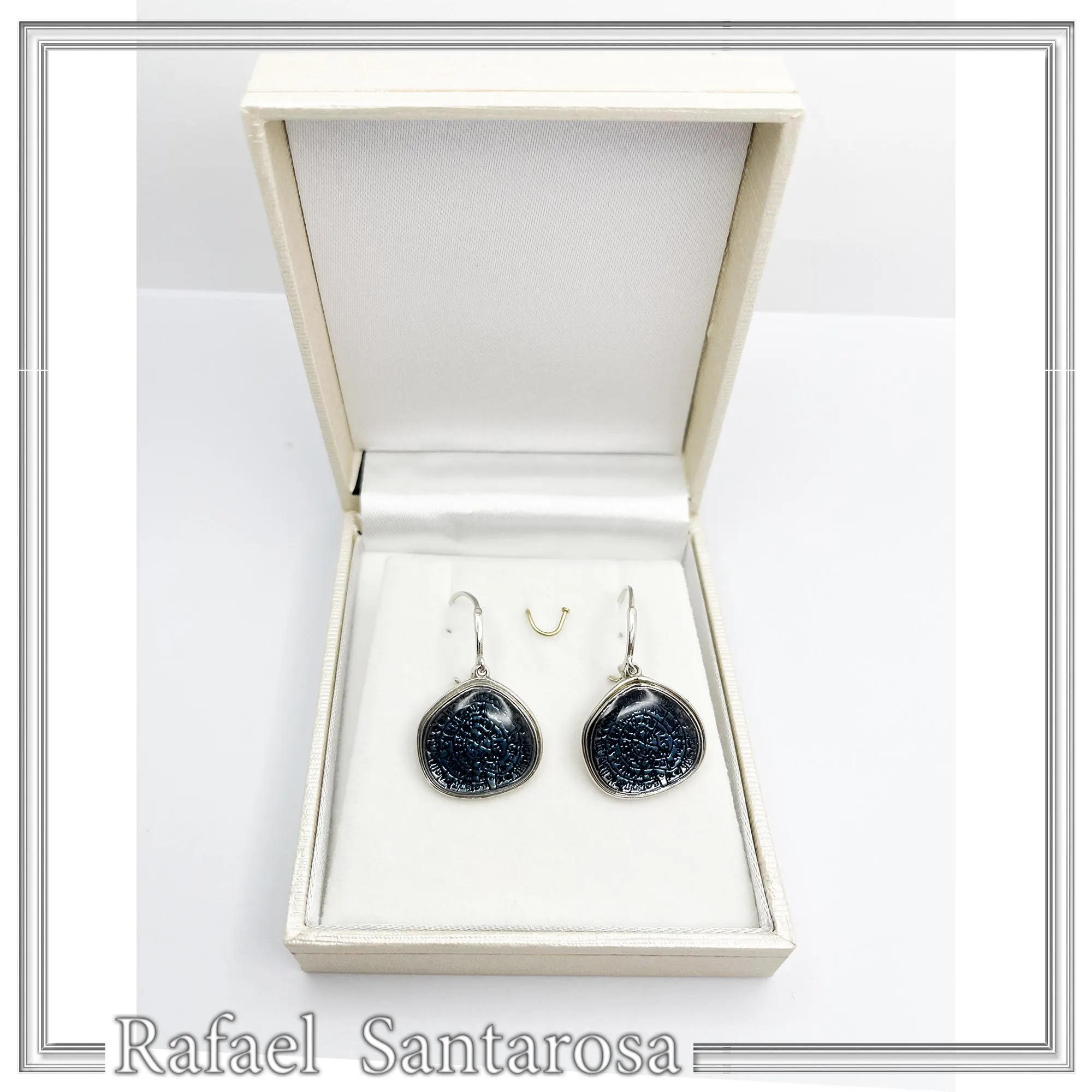 Ancient Minoan Calendar Replica Phaistos Disc Earrings: Oxidized Sterling Silver Sky Blue Transparent Enamel — additional product image 9 from Rafael Santarosa Fine Jewelry