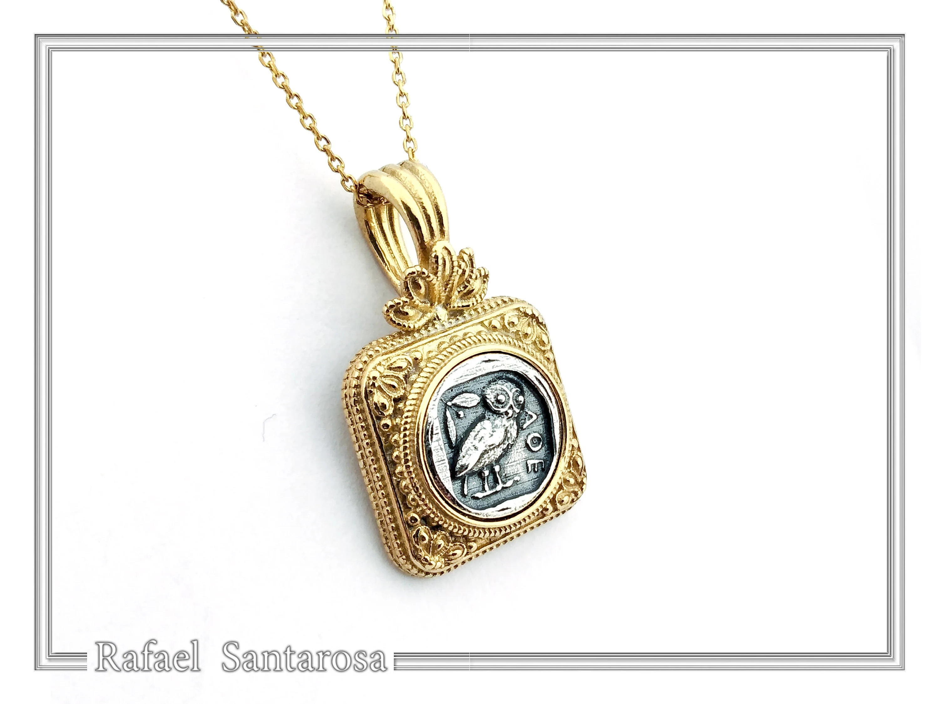 Athena Owl Tetradrachm Coin Ancient Greek Style Necklace: Oxidized Sterling Silver & 18K Gold filled — additional product image 4 from Rafael Santarosa Fine Jewelry
