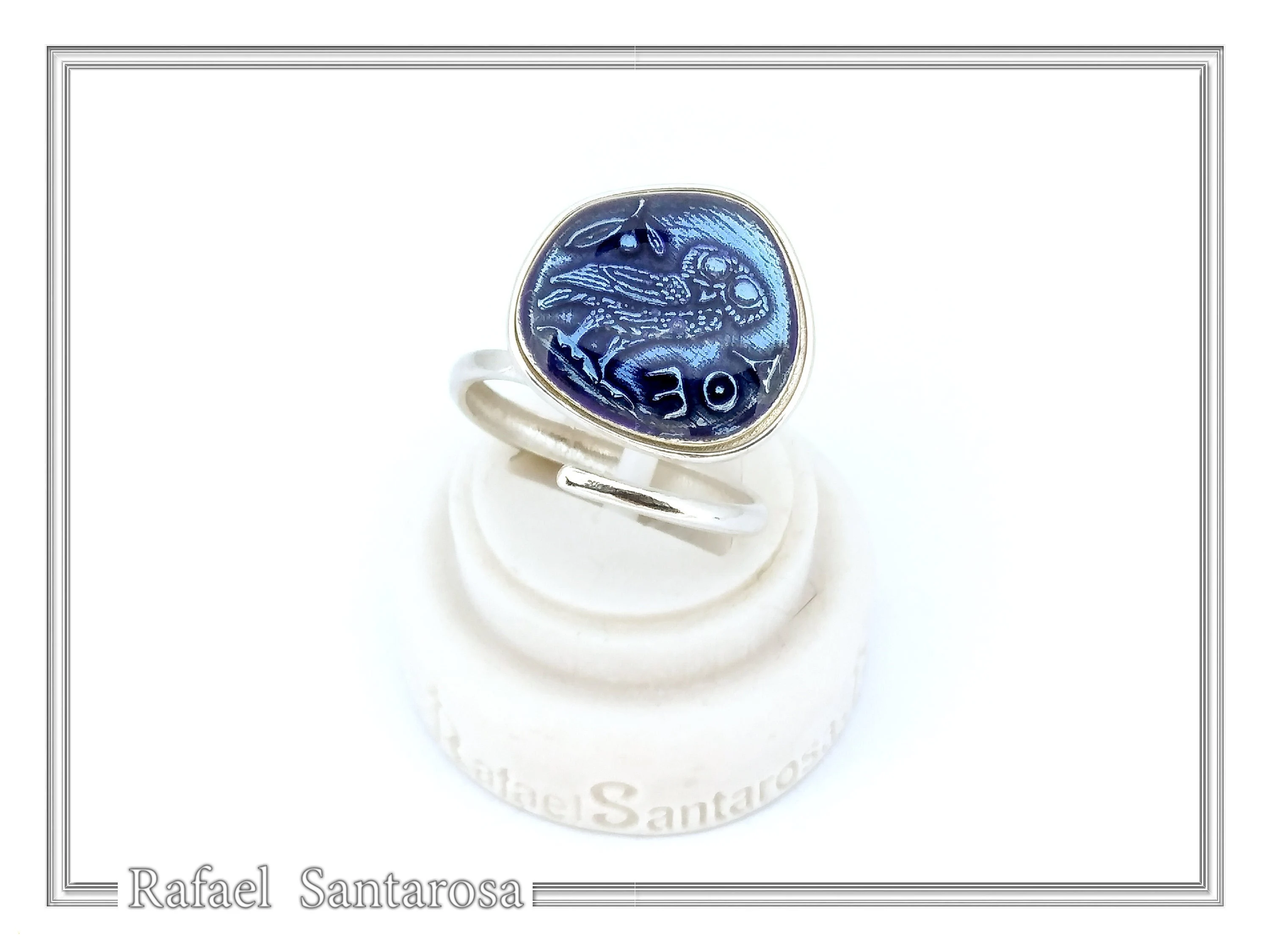 Athena Owl Coin Tetradrachm Ring Museum Replica: Transparent Blue Enamel on Sterling Silver Coin — additional product image 7 from Rafael Santarosa Fine Jewelry