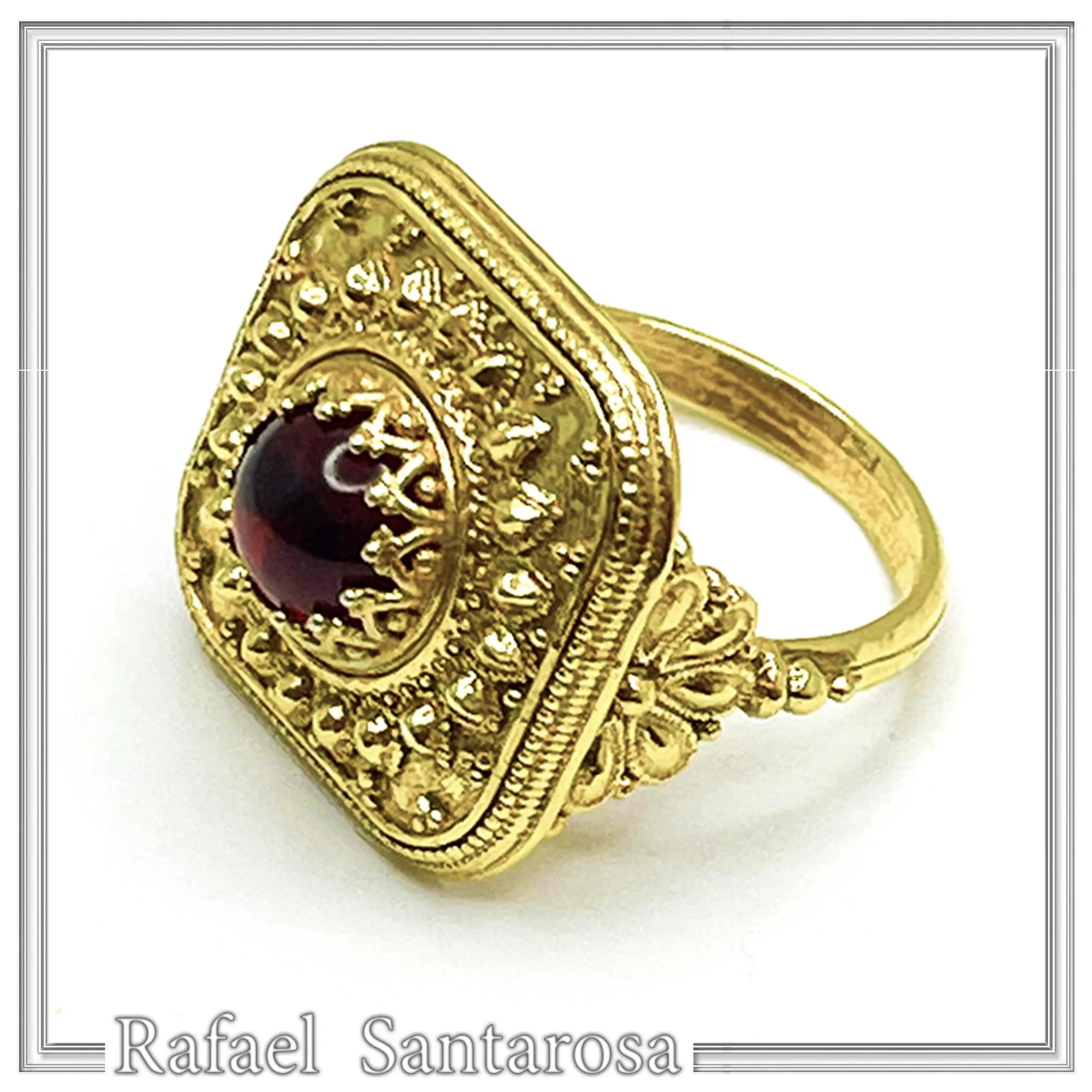 Byzantine Natural Garnet Statement Ring: 18K Gold Filled Granulation Filigree Sterling Silver — additional product image 7 from Rafael Santarosa Fine Jewelry