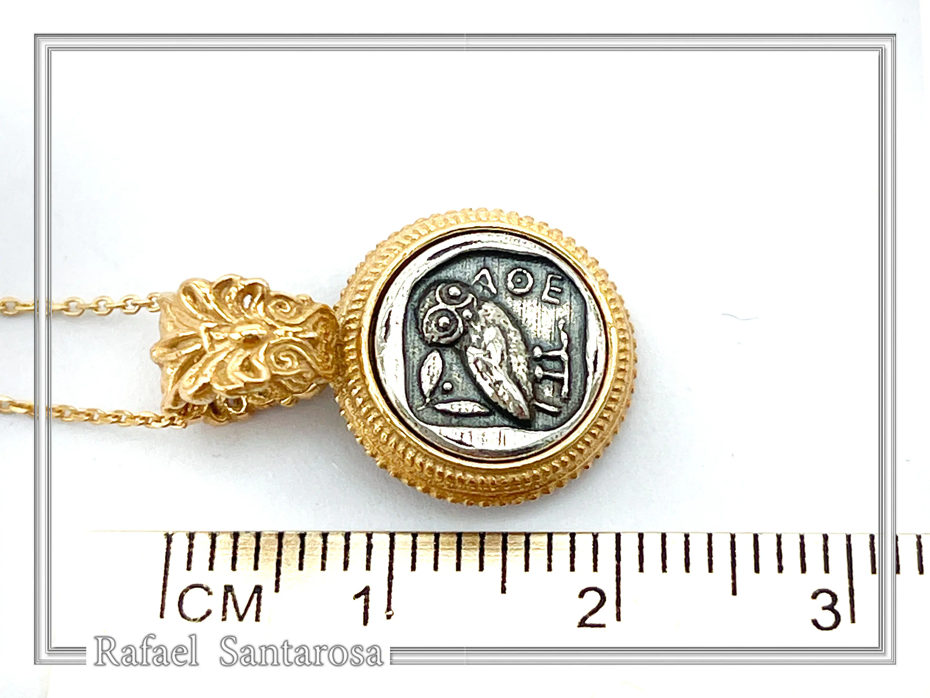 Athena Owl Tetradrachm Coin Antefix Pendant: Sterling Silver oxidised on 18K Gold-Filled Filigree Base — additional product image 8 from Rafael Santarosa Fine Jewelry