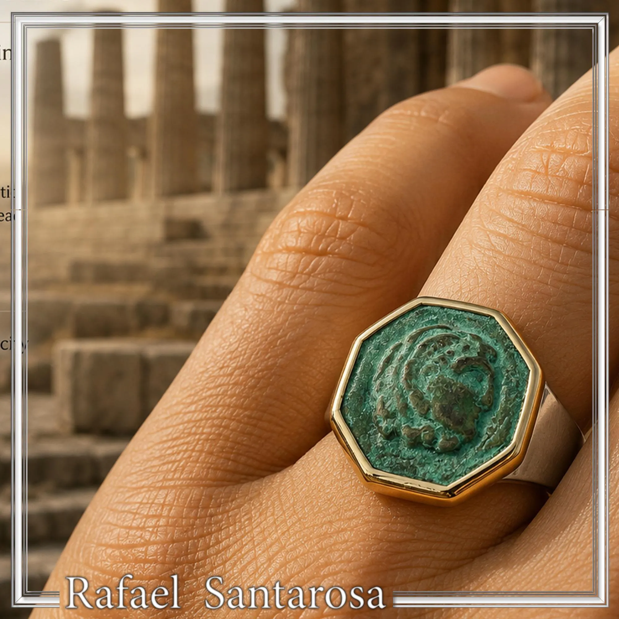 Alexander the Greek Coin Ring, 14K Gold Bezel, Oxidised Copper, Sterling Silver Band, Museum Jewelry — additional product image 4 from Rafael Santarosa Fine Jewelry
