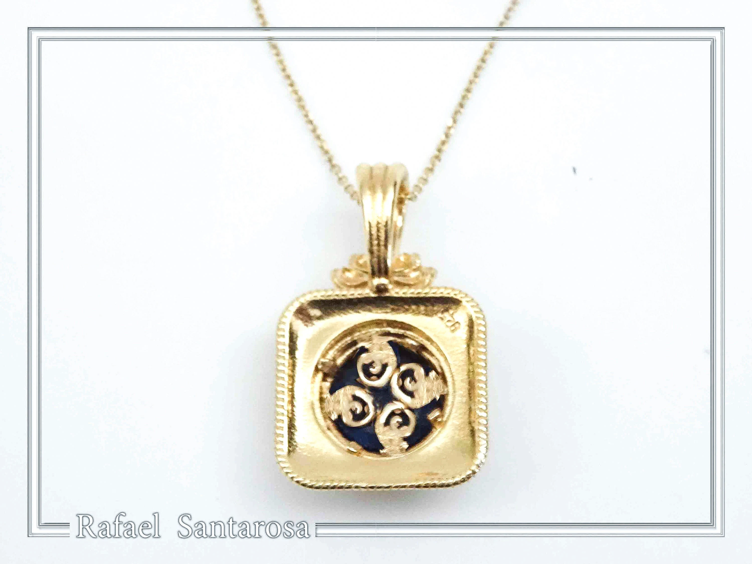 Solid Gold 18k Natural Lapis Lazuli Pendant: Byzantine Style Filigree and Granulation Handmade Jewelry — additional product image 8 from Rafael Santarosa Fine Jewelry