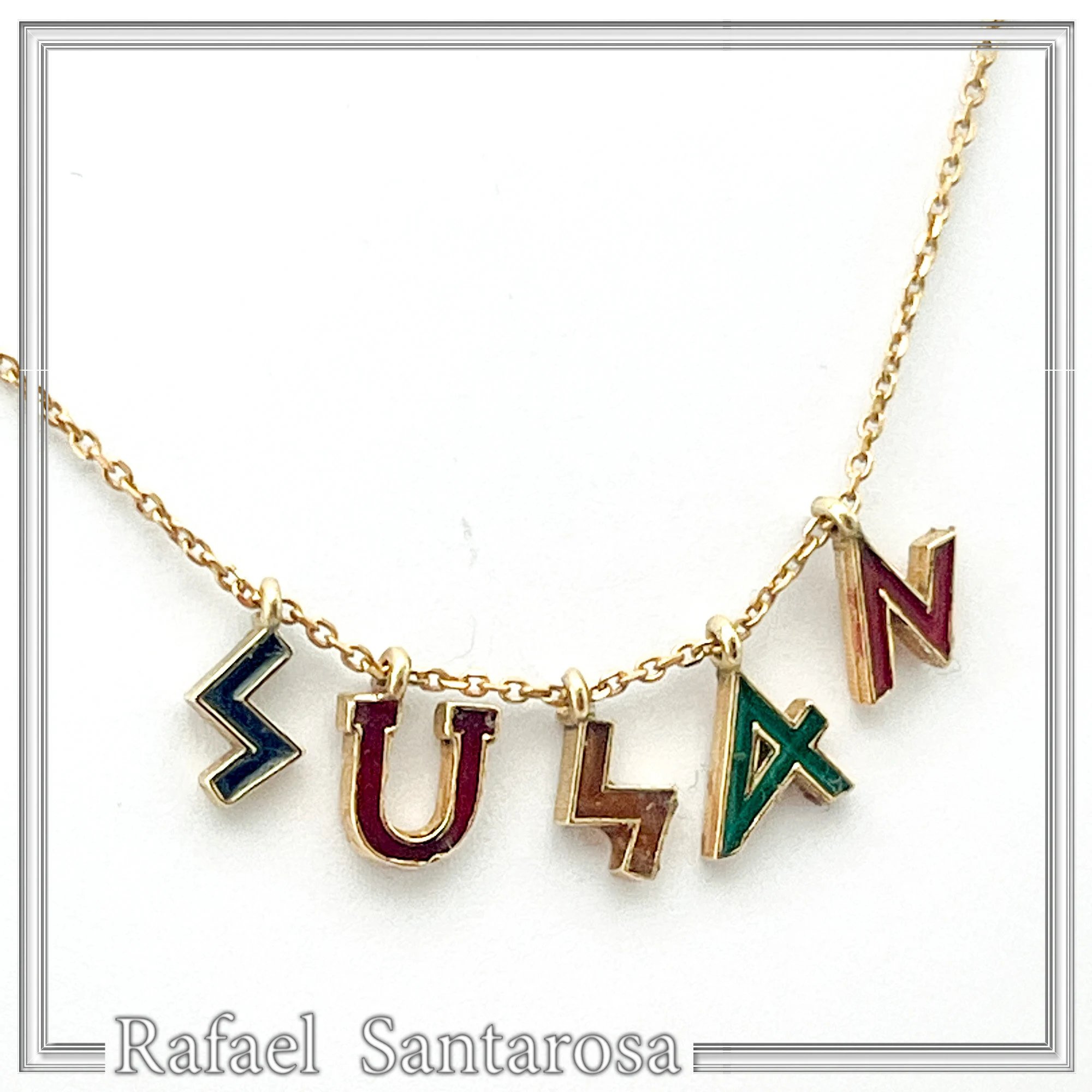 Personalized "Susan" Name Necklace: Multicolored Enamel on Greek Font Letter Silver 18K Gold Filled — additional product image 2 from Rafael Santarosa Fine Jewelry