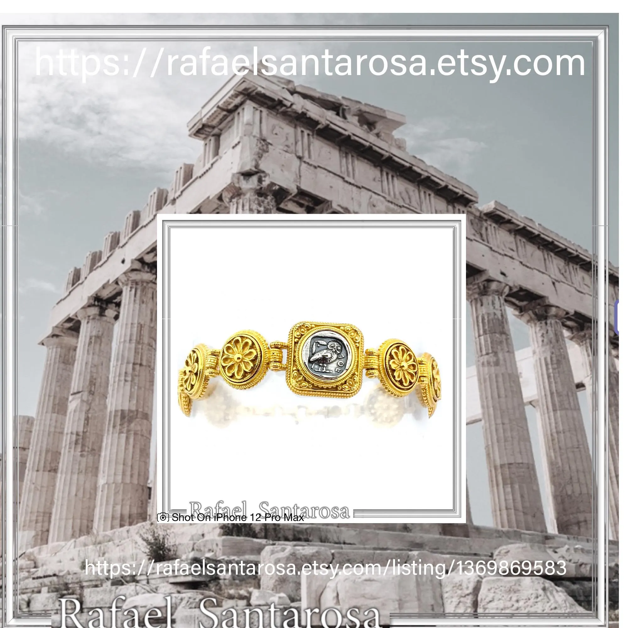 Tetradrachm Owl Coin Ancient Greek style Beaded Bracelet: 18k Gold Filled & Oxidized Sterling Silver — additional product image 10 from Rafael Santarosa Fine Jewelry