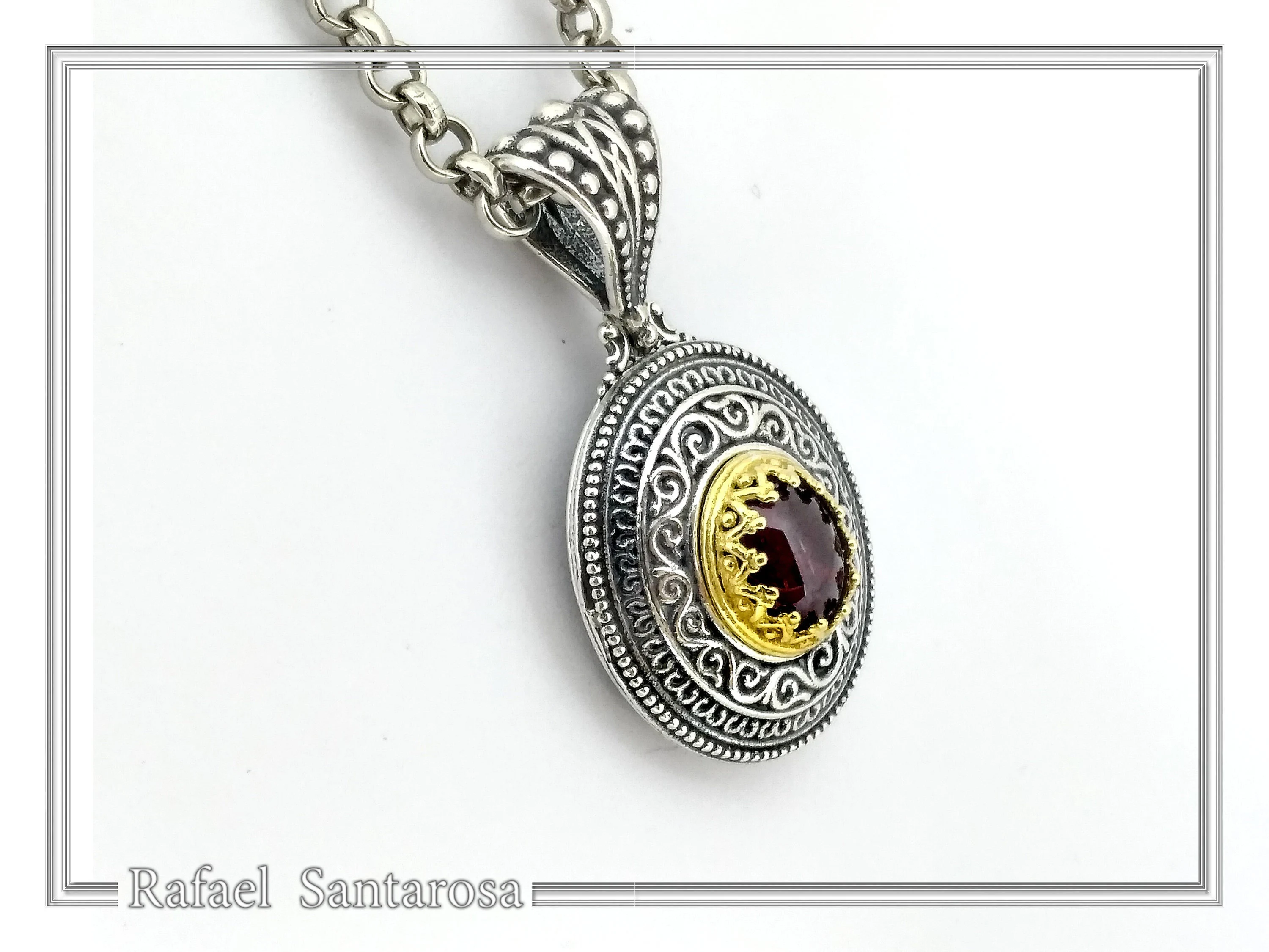 Natural Red Garnet Byzantine Filigree Pendant: Oxidized and 18k Gold Filled Sterling Silver — additional product image 6 from Rafael Santarosa Fine Jewelry