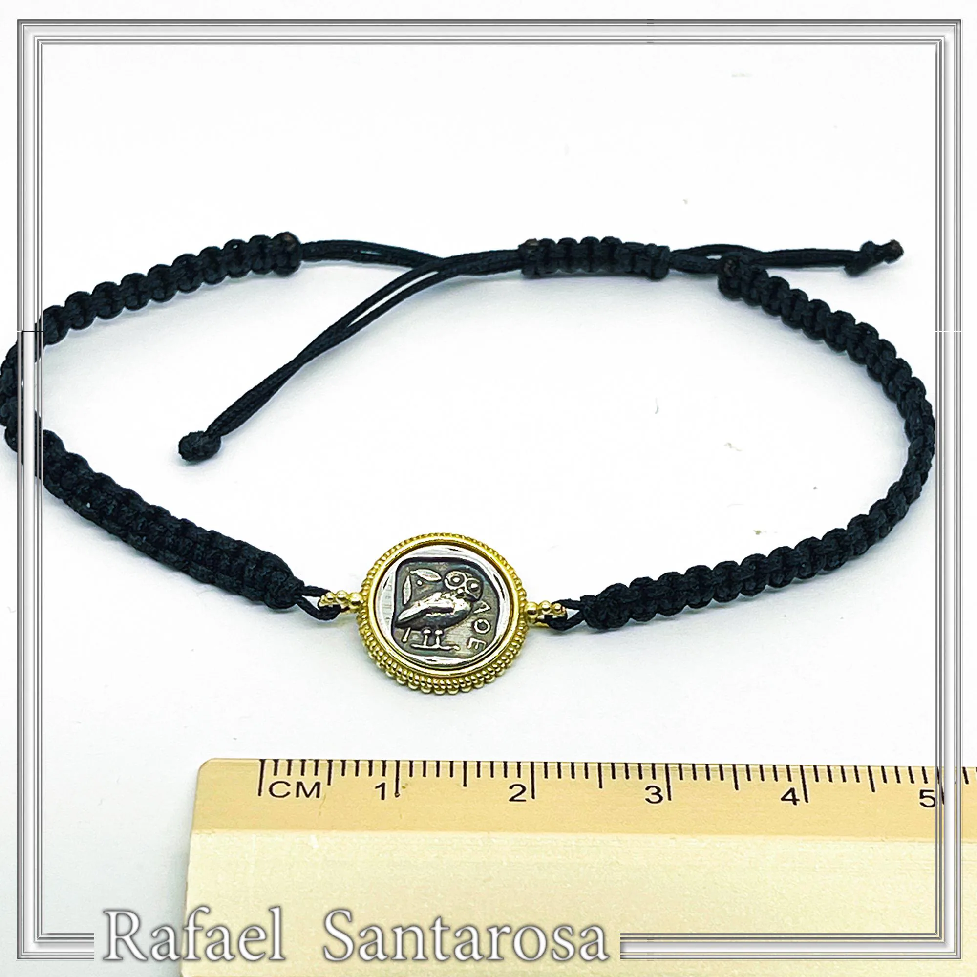 Owl Coin Bracelet Macrame Cord 18K Gold Filigree Base, Oxidized Sterling Silver Tetradrachm coin — additional product image 4 from Rafael Santarosa Fine Jewelry