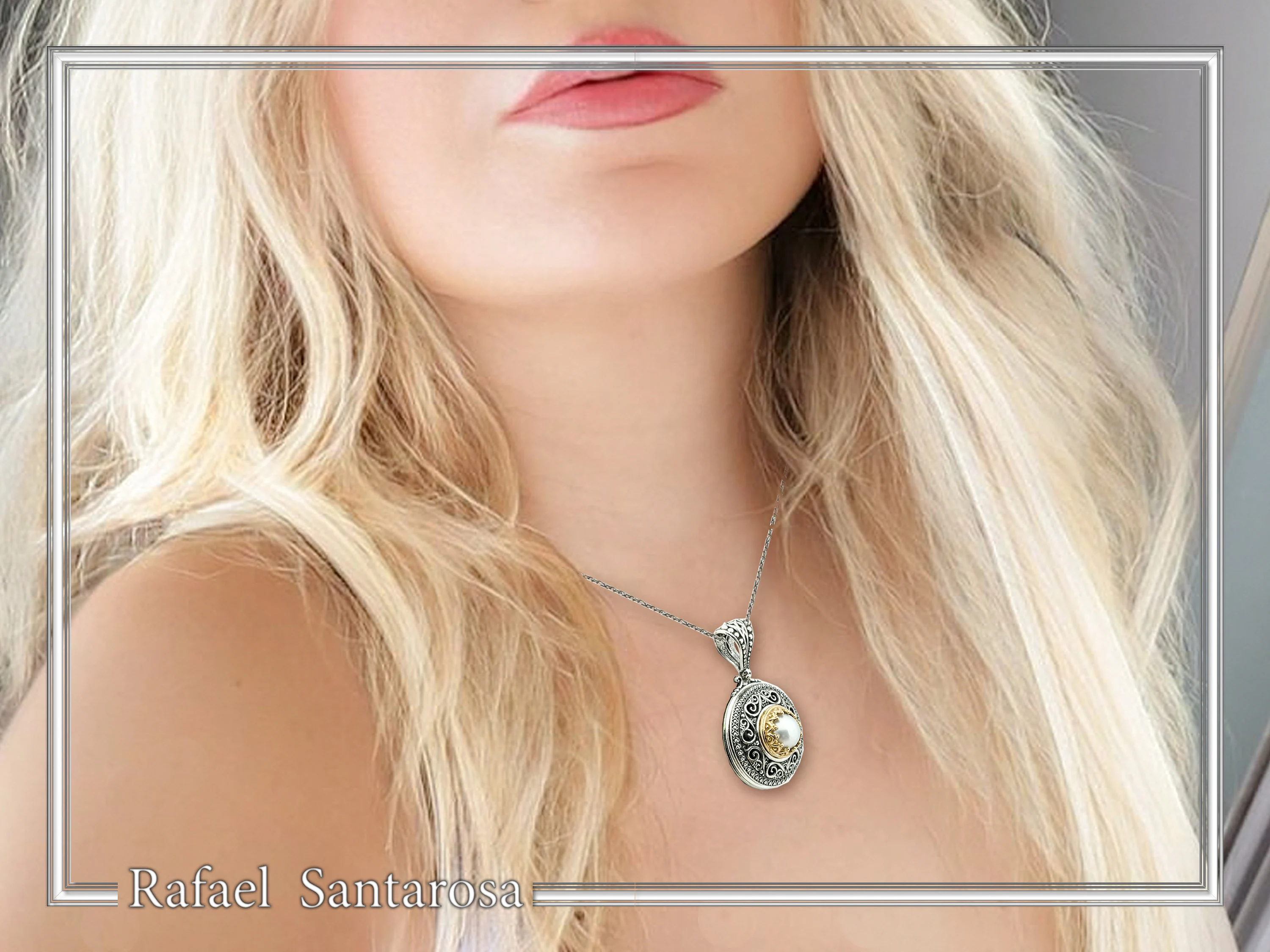 Byzantine natural Pearl Pendant: Oxidized Sterling Silver and Gold-Filled Filigree Necklace — additional product image 2 from Rafael Santarosa Fine Jewelry