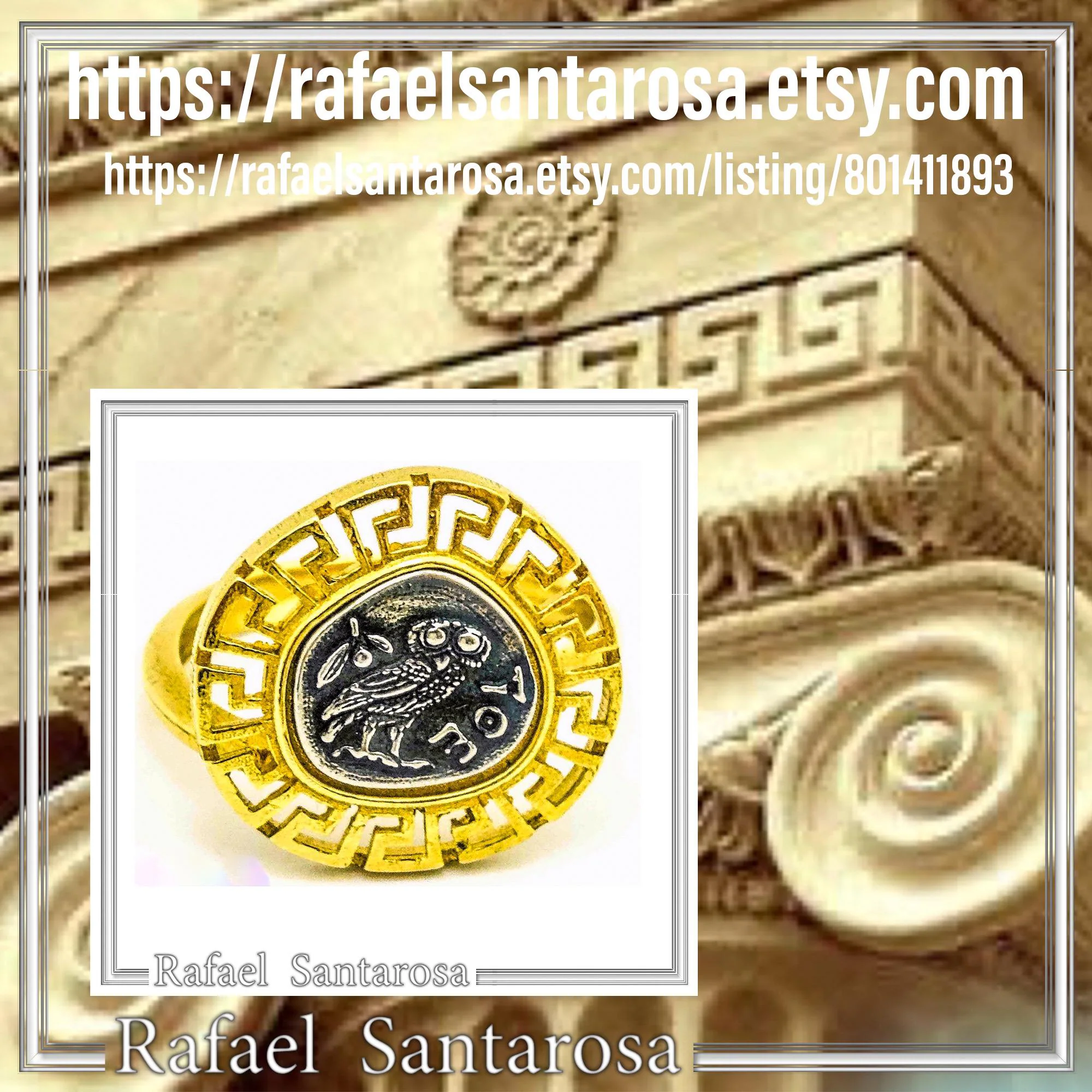 Owl of Athena Goddess Tetradrachm Greek Coin Greek Key Ring: 18K Gold Filled Silver — additional product image 10 from Rafael Santarosa Fine Jewelry