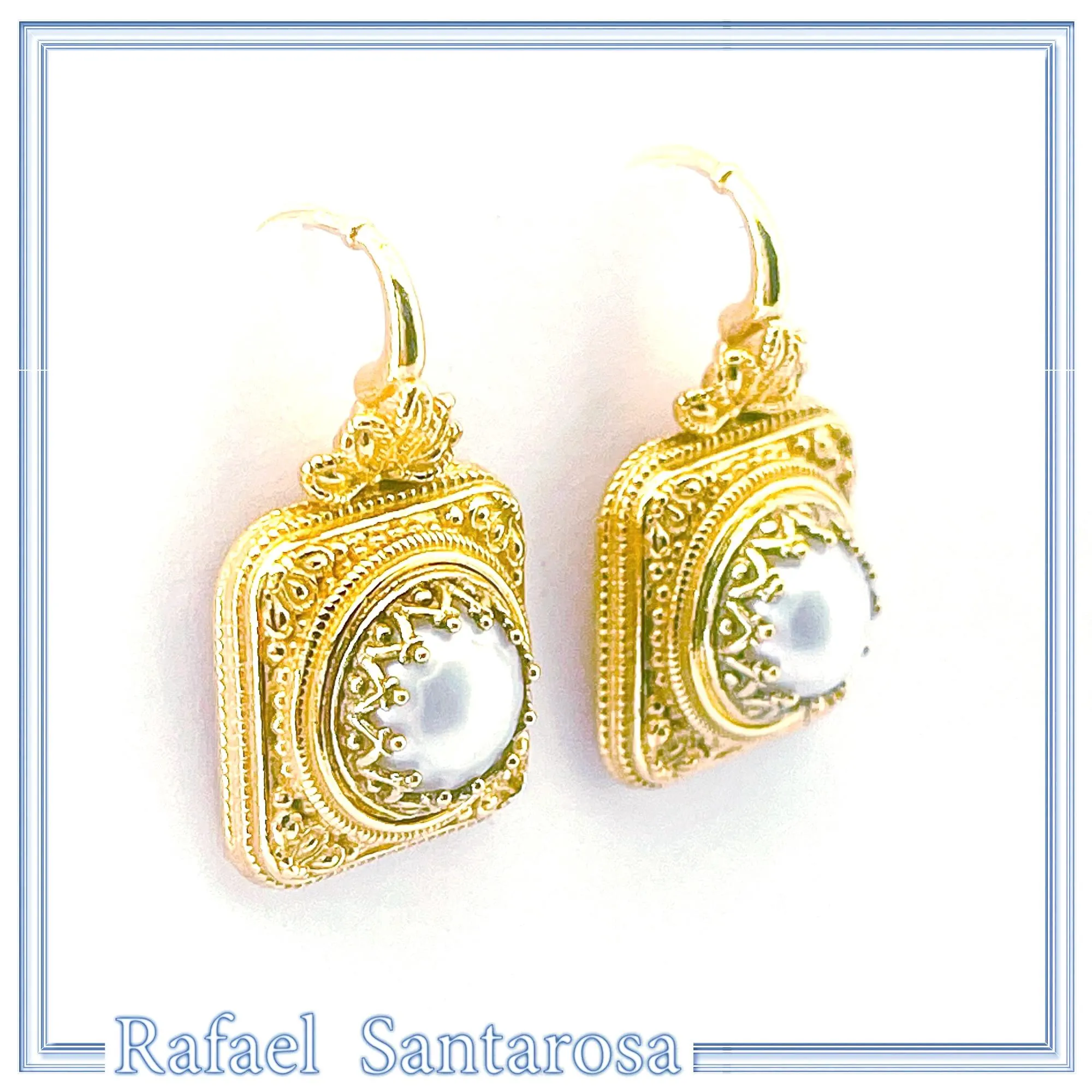Ancient Greek Pearl Earrings: Sterling Silver 18K Gold-Filled Filigree Byzantine way Decoration — additional product image 5 from Rafael Santarosa Fine Jewelry
