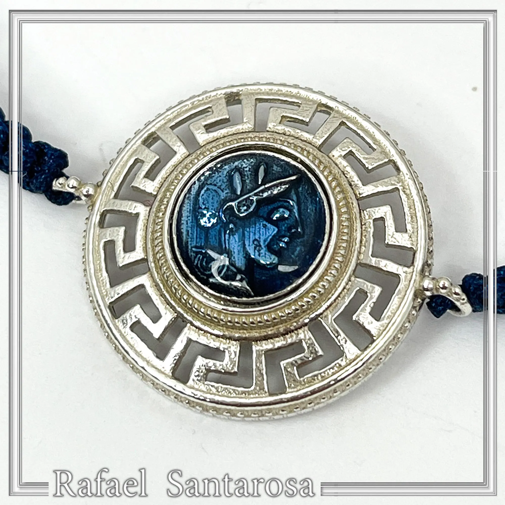 Sterling Silver Athena Promachos Bracelet Greek Key Tetradrachm Sky Blue Enamel Macrame Cord Viscose — additional product image 6 from Rafael Santarosa Fine Jewelry