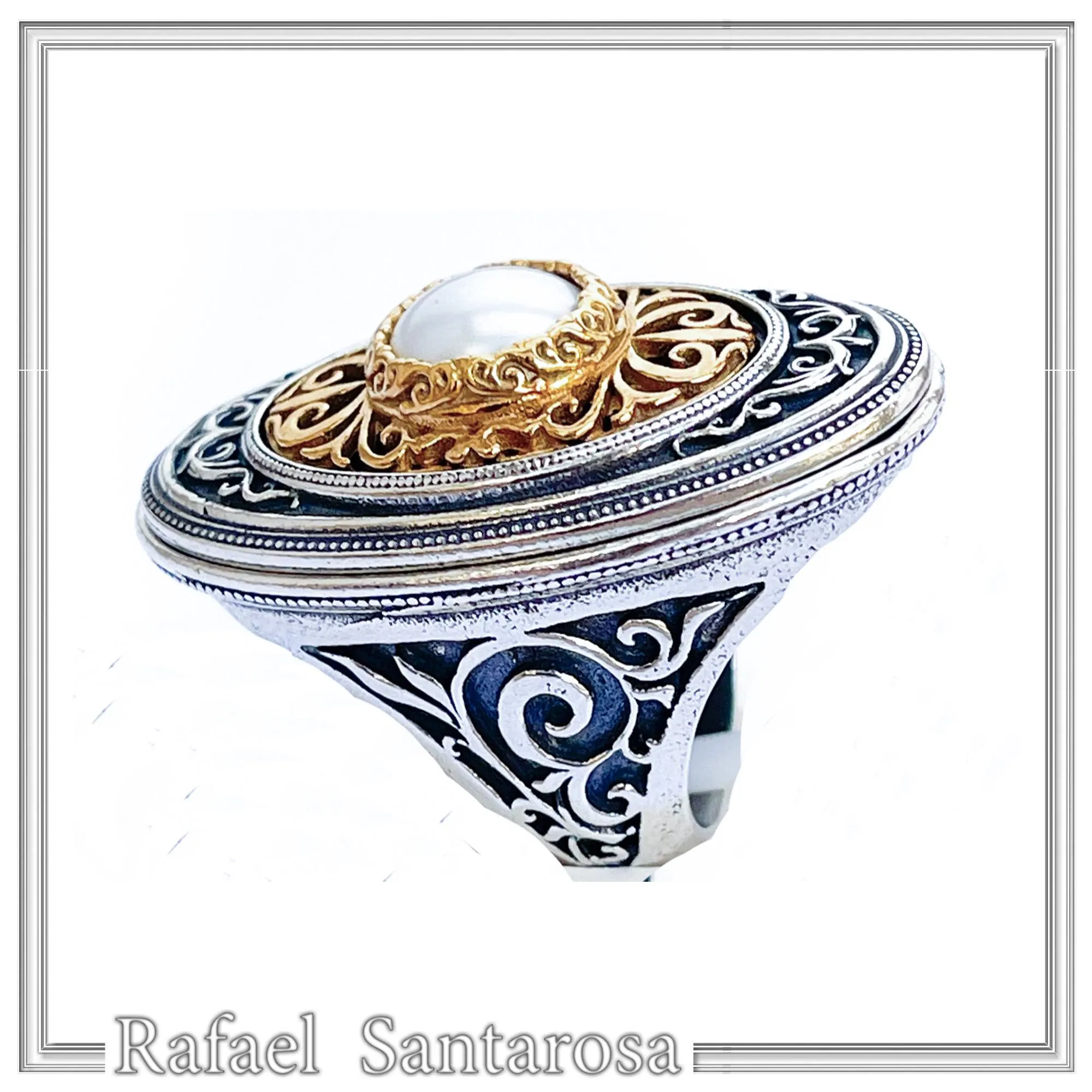 Byzantine Floral Queen Size Natural Pearl Ring: Oxidized Sterling Silver and 18K Gold Filled — additional product image 2 from Rafael Santarosa Fine Jewelry