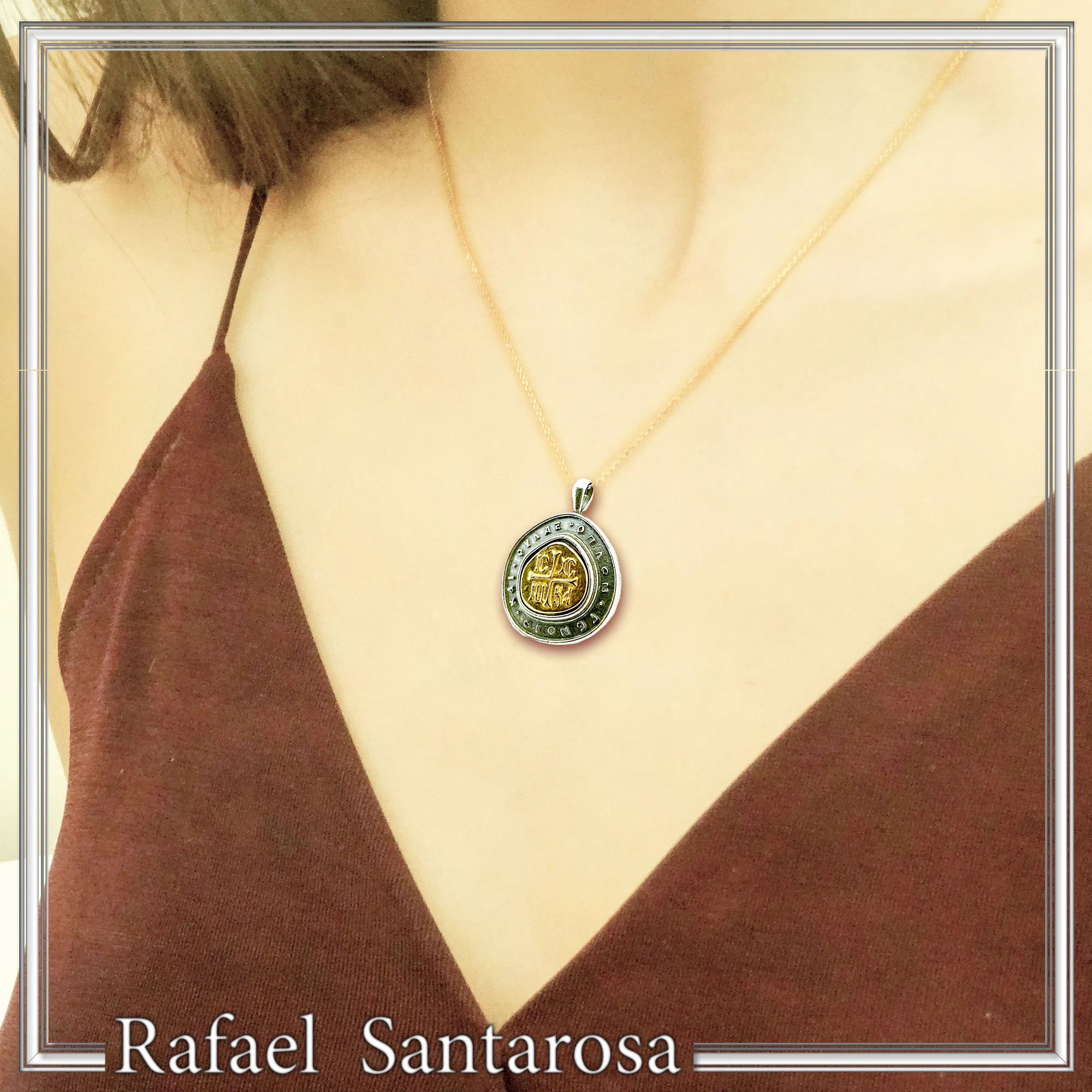 Jesus Christ Victorious Necklace: 18K Gold Christogram & Oxidized Sterling Silver. ICXC NIKA Orthodox Prayer. — additional product image 3 from Rafael Santarosa Fine Jewelry