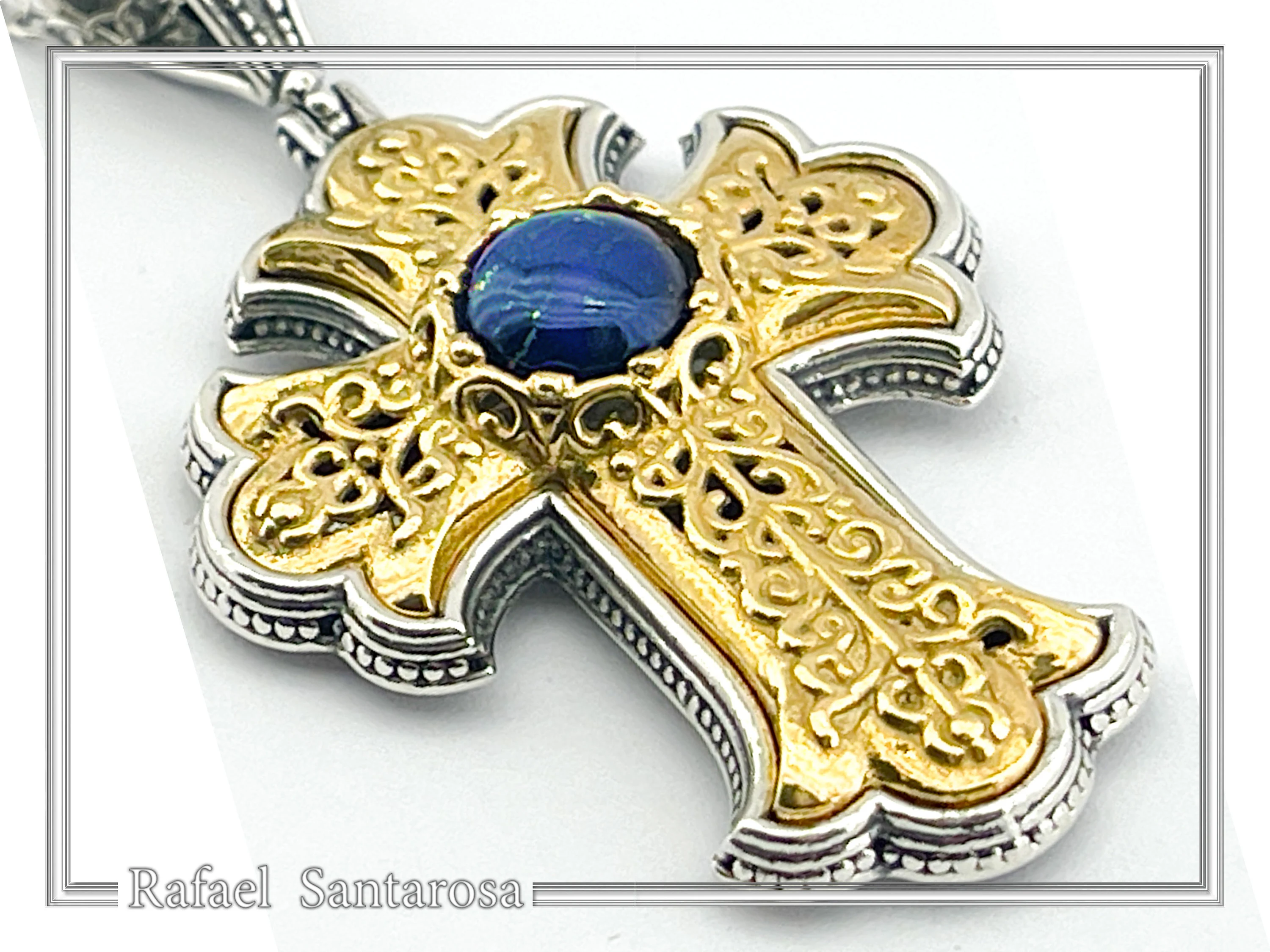 Natural Lapis Lazuli Imperial Byzantine Big Size Cross Necklace: Oxidized & 18K Gold Filled Silver — additional product image 4 from Rafael Santarosa Fine Jewelry