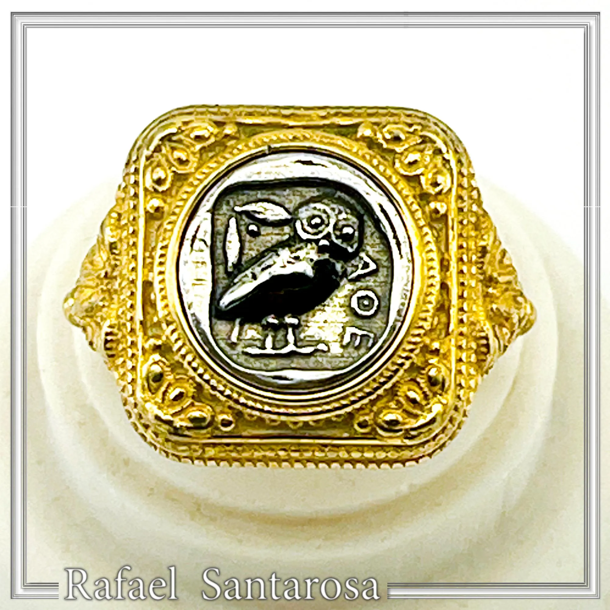 Tetradrachm Owl Coin Filigree Ring: Oxidized Silver Coin on 18K Gold Filled, Museum Replicas — additional product image 6 from Rafael Santarosa Fine Jewelry