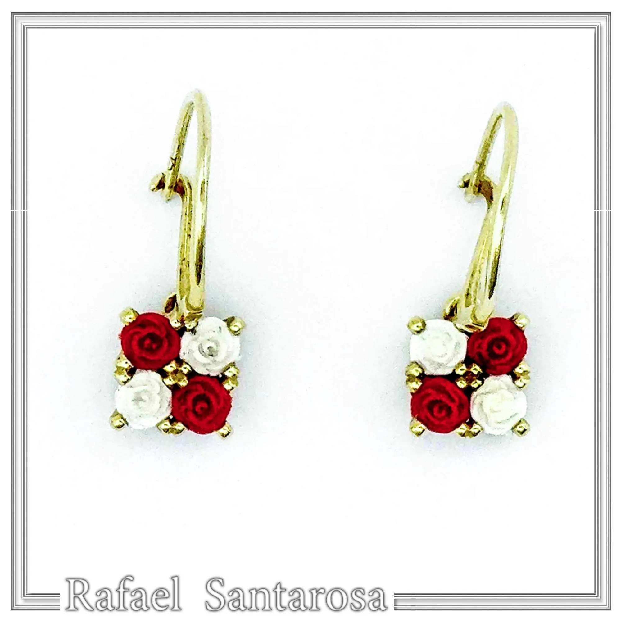 Red & White Roses Rose Flowers Shaped Alabaster Gems Drop Earrings: Sterling Silver 18K Gold-Filled — additional product image 2 from Rafael Santarosa Fine Jewelry