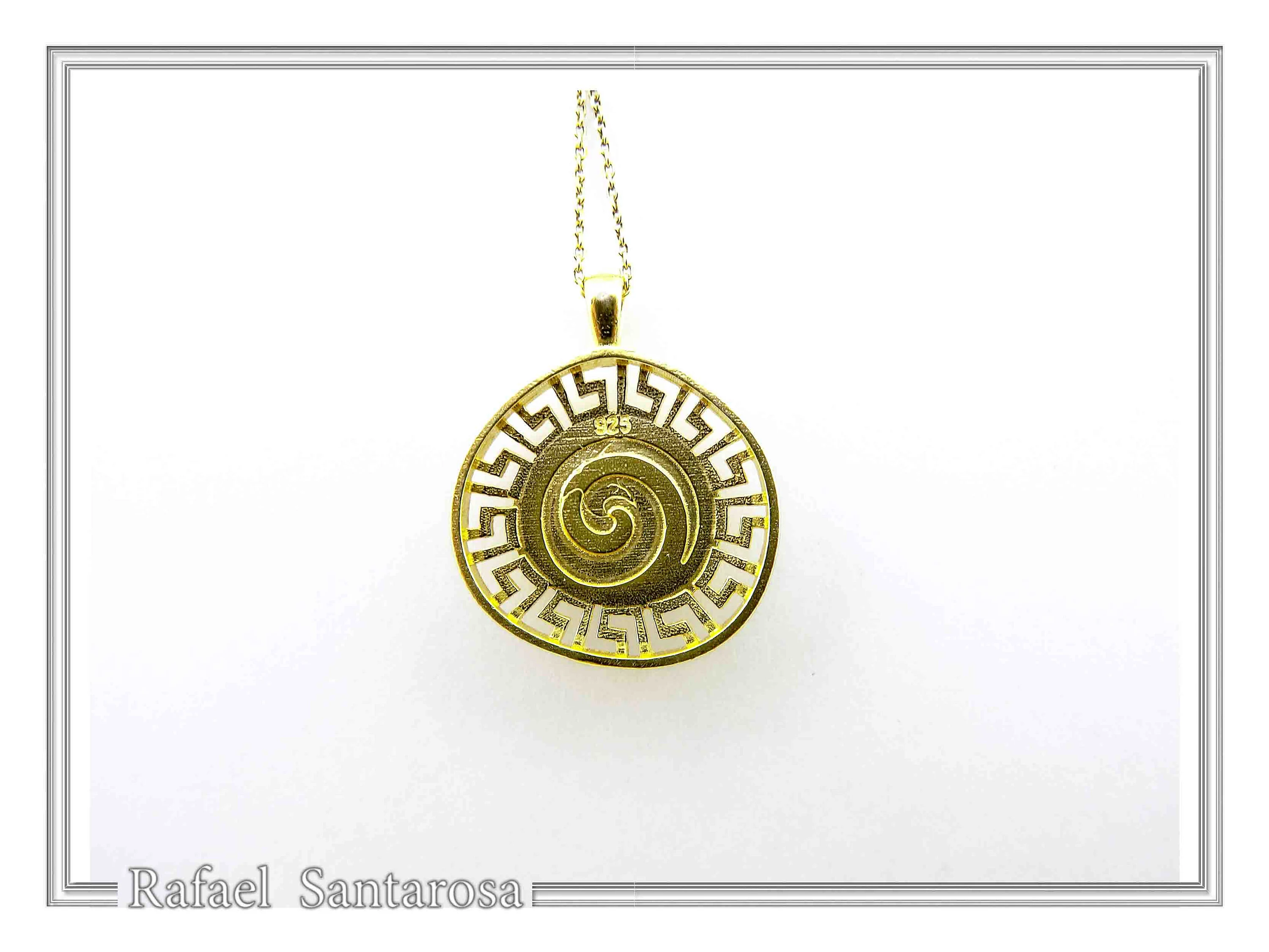 Alexander the Macedon coin silver necklace with Greek key 18k gold filled & sky-blue enamel. — additional product image 8 from Rafael Santarosa Fine Jewelry