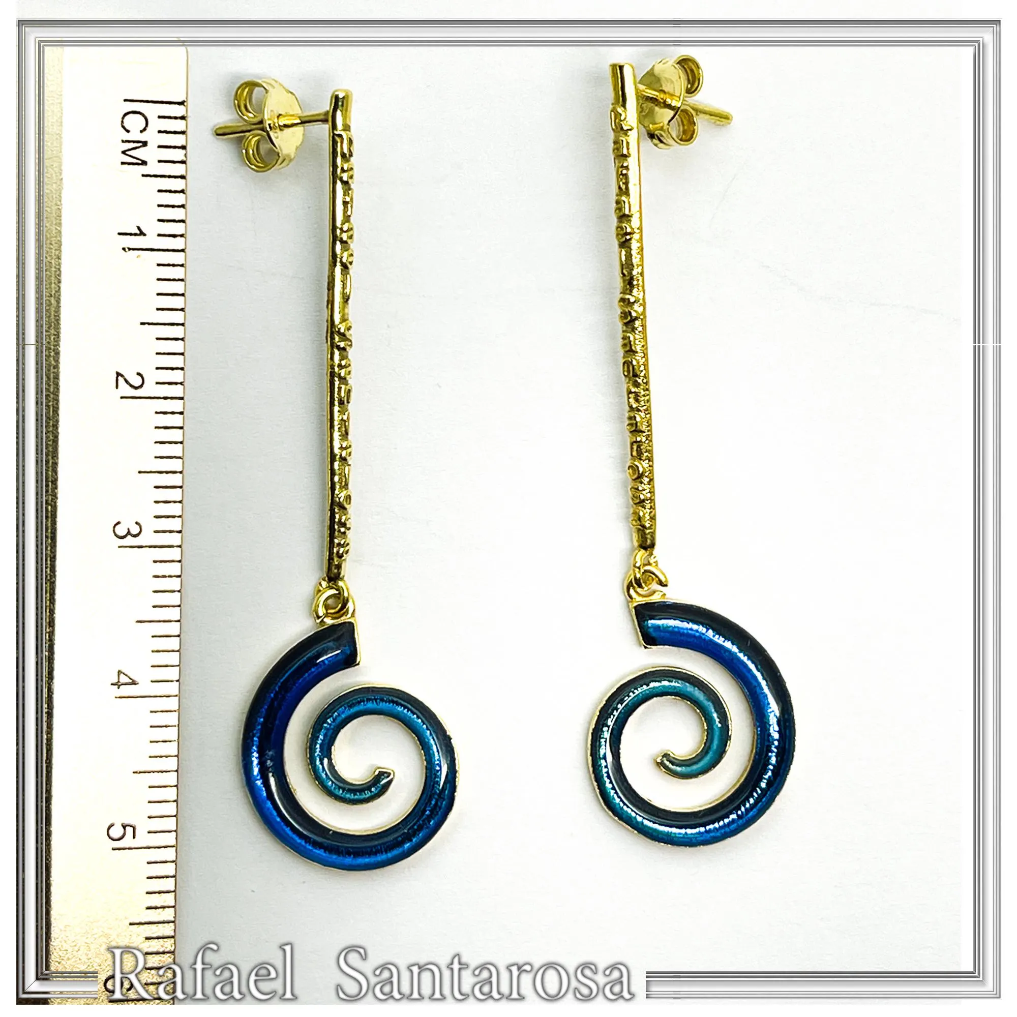 Blue Enamel Boho Spiral Symbol of Galaxy Drop Earrings: Sterling Silver Gold-Filled dangle Earrings — additional product image 9 from Rafael Santarosa Fine Jewelry