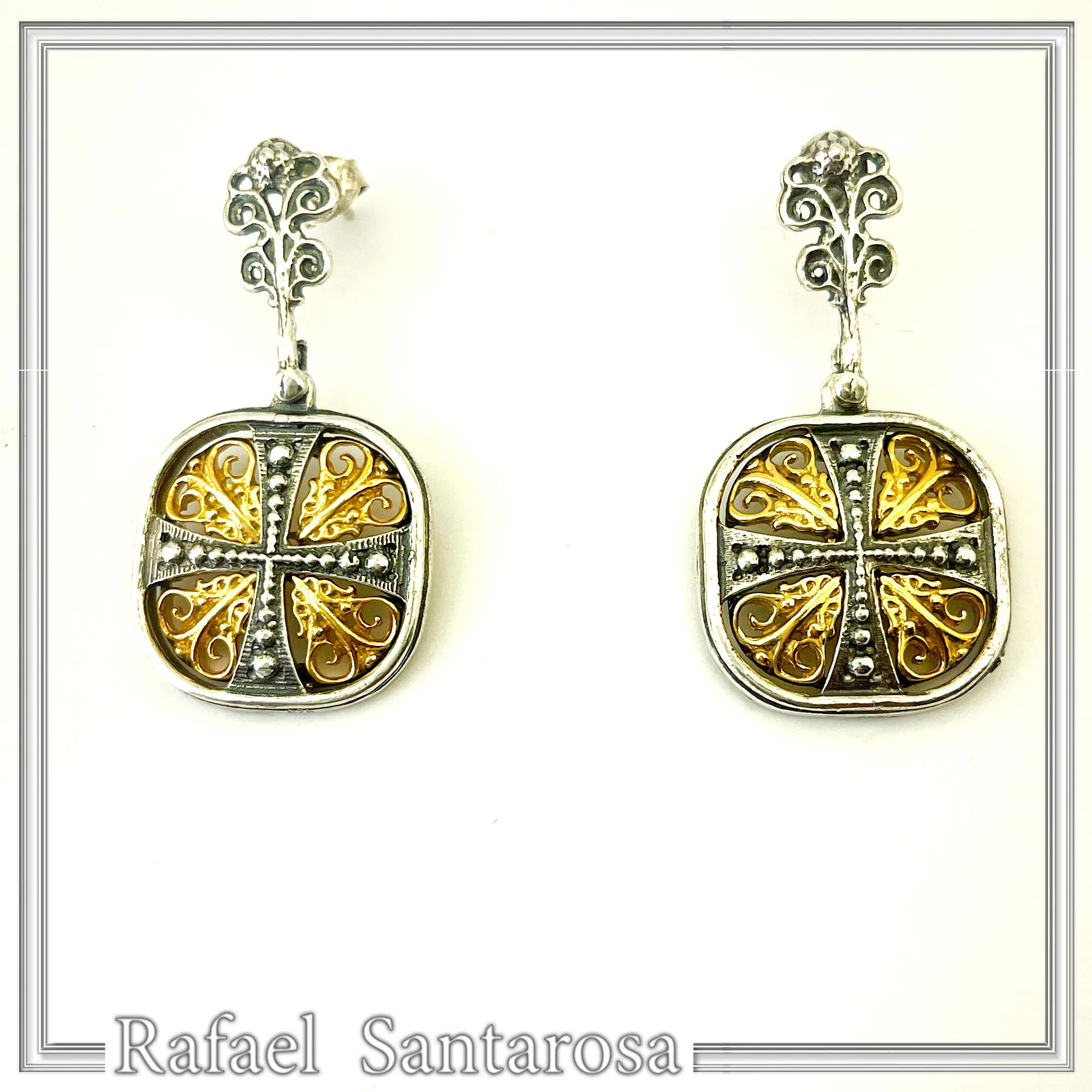 Byzantine Empire Orthodox Cross Earrings: Sterling Silver Oxidized & 18K Gold-Filled Filigree — additional product image 3 from Rafael Santarosa Fine Jewelry