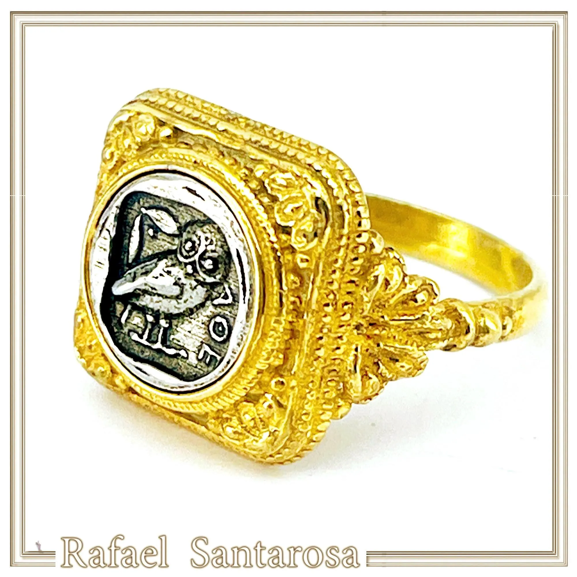 Tetradrachm Owl Coin Filigree Ring: Oxidized Silver Coin on 18K Gold Filled, Museum Replicas