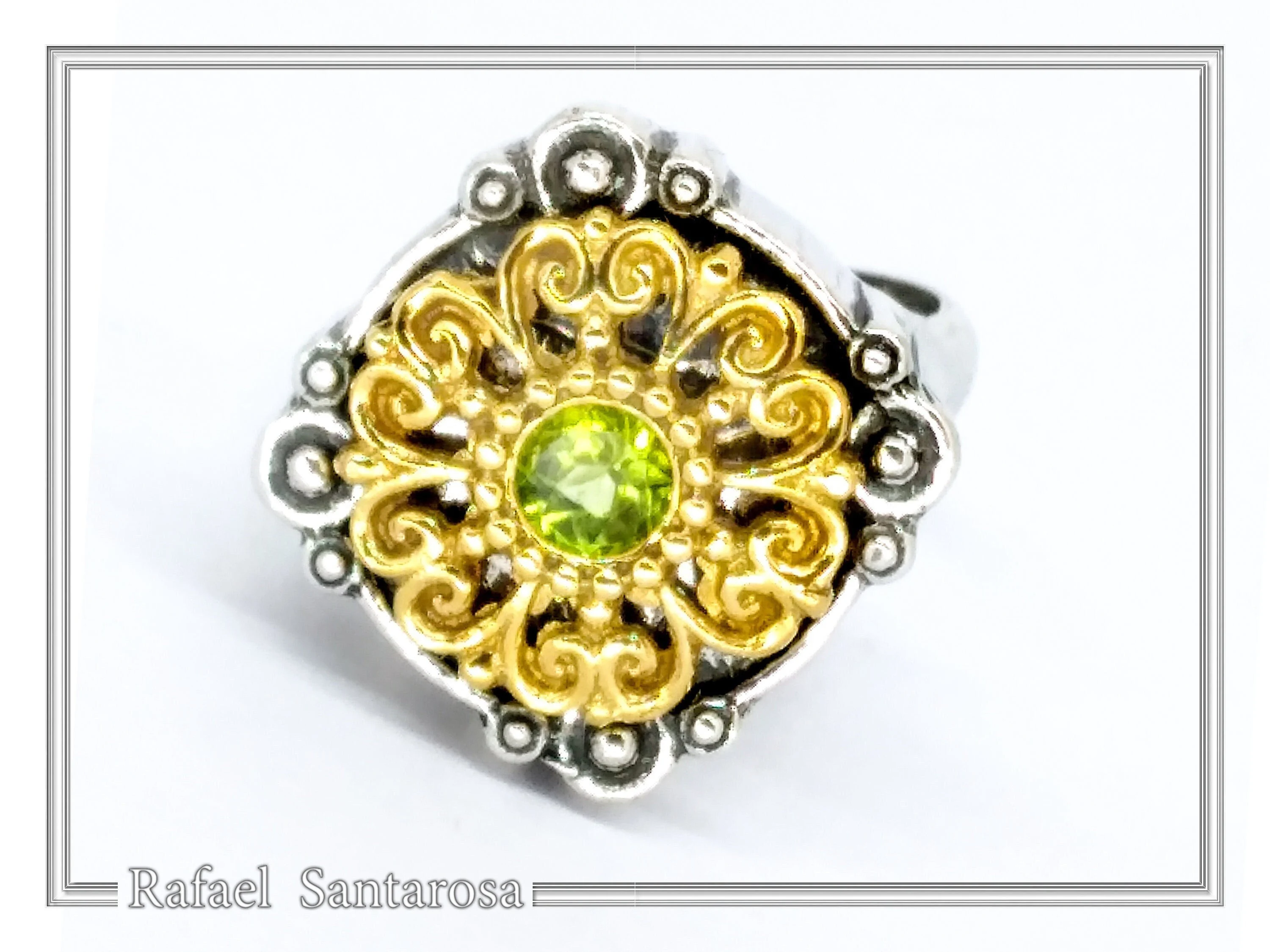 Natural Peridot Byzantine Ring: Oxidised and Gold-Filled Filigree Sterling Silver Statement Ring — additional product image 3 from Rafael Santarosa Fine Jewelry