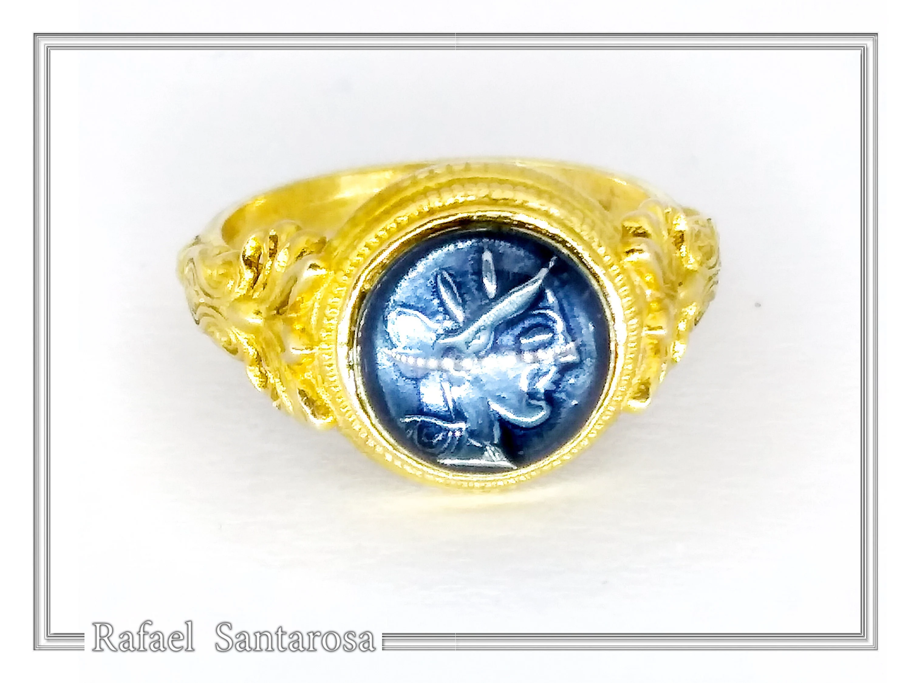 Athena Greek Goddess Head Coin Ring with Antefix Ornaments: Blue Enamel, 18K Gold-Filled Silver — additional product image 3 from Rafael Santarosa Fine Jewelry