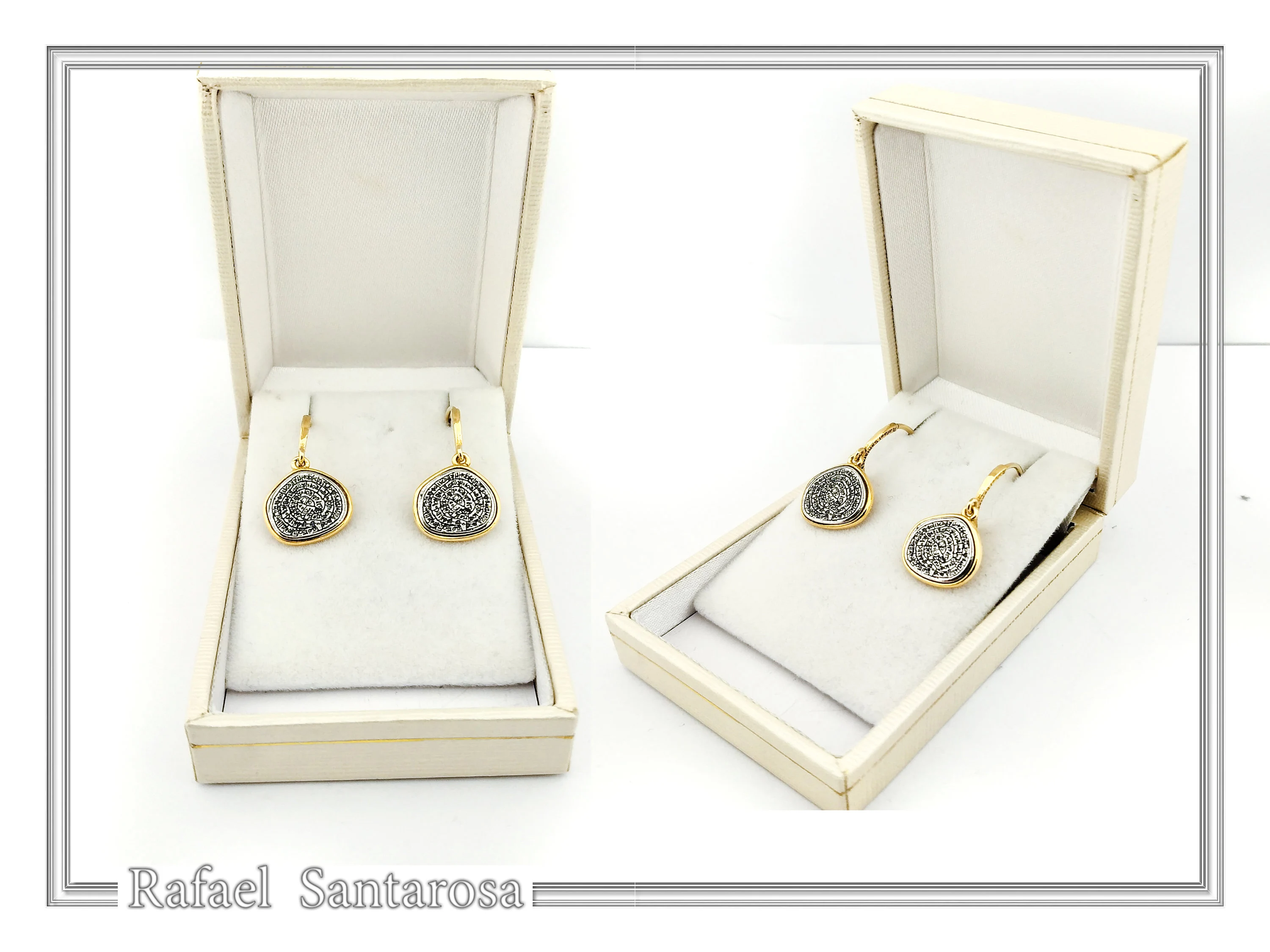 Phaistos Disc Ancient Greek Calendar Earrings: Sterling Silver, 18k Gold Filled, Museum Jewelry — additional product image 9 from Rafael Santarosa Fine Jewelry
