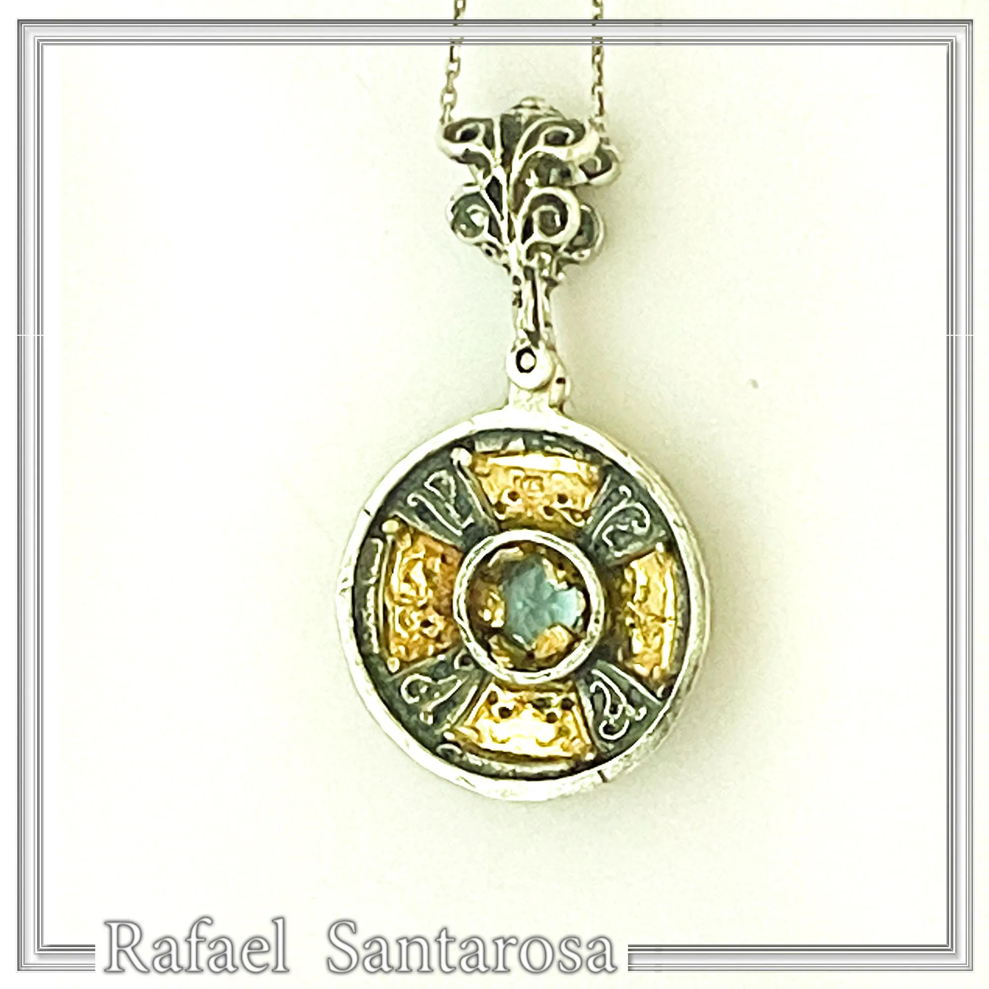 Natural Sky-Blue Topaz Cross Pendant: Sterling Silver 18K Gold Filled Byzantine Filigree — additional product image 8 from Rafael Santarosa Fine Jewelry