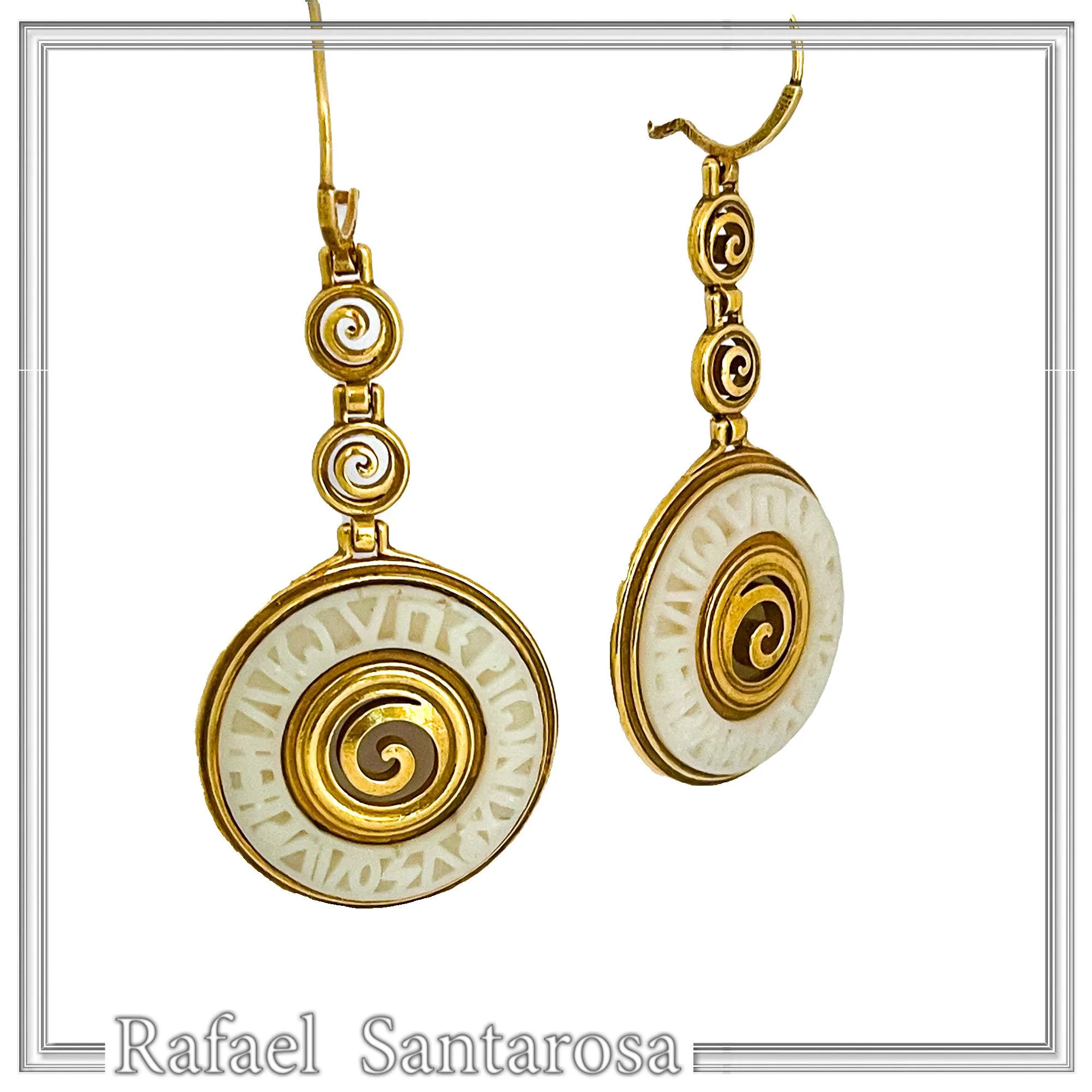 Ancient Greek Prayer to Sun Engraved Marble Spiral Earrings: 18k Gold Filled Sterling Silver — additional product image 4 from Rafael Santarosa Fine Jewelry