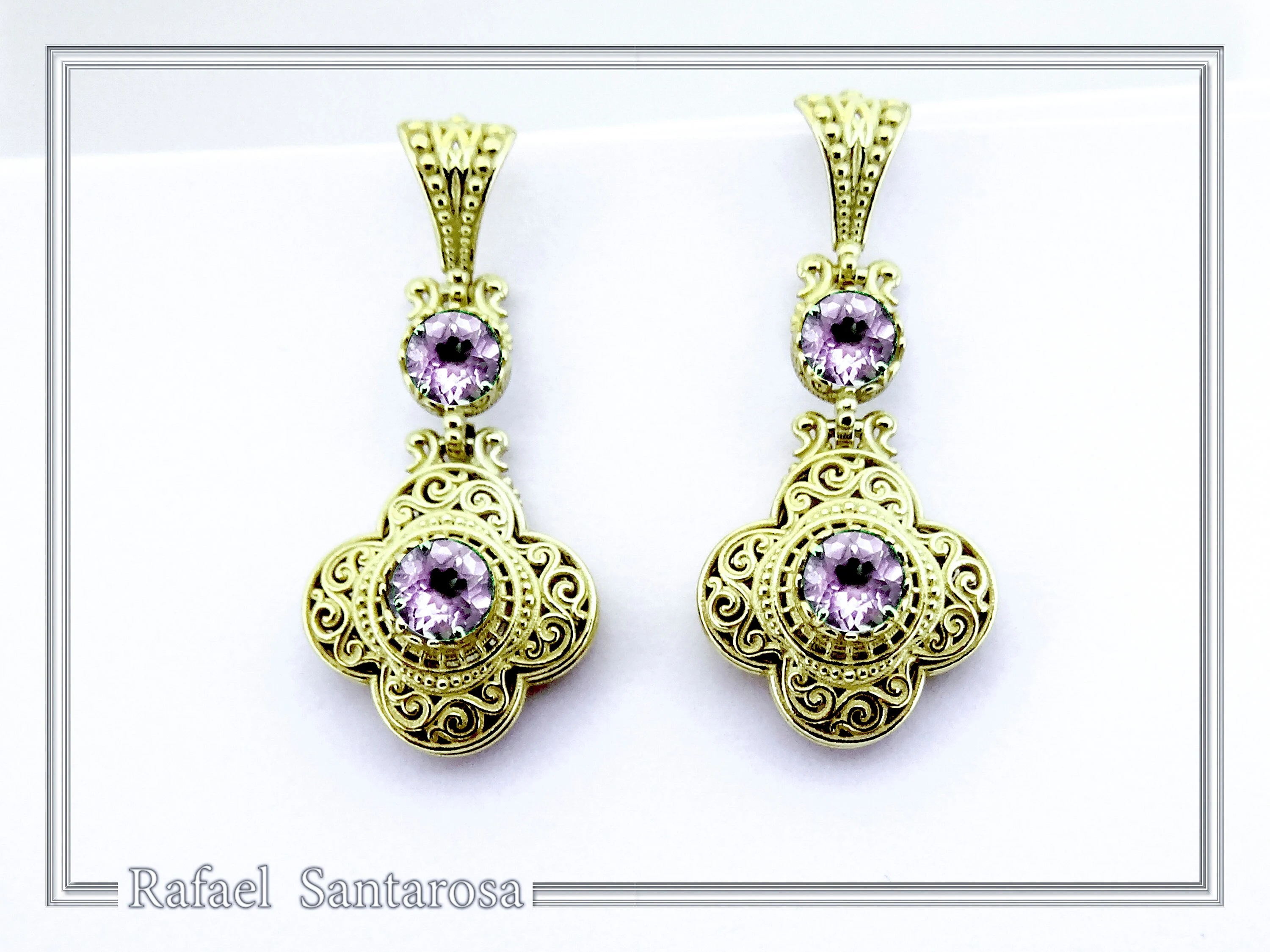 18K Solid Gold Filigree Byzantine Dangle Earrings with Natural Sky-Blue Topaz Brilliant Cut — additional product image 5 from Rafael Santarosa Fine Jewelry