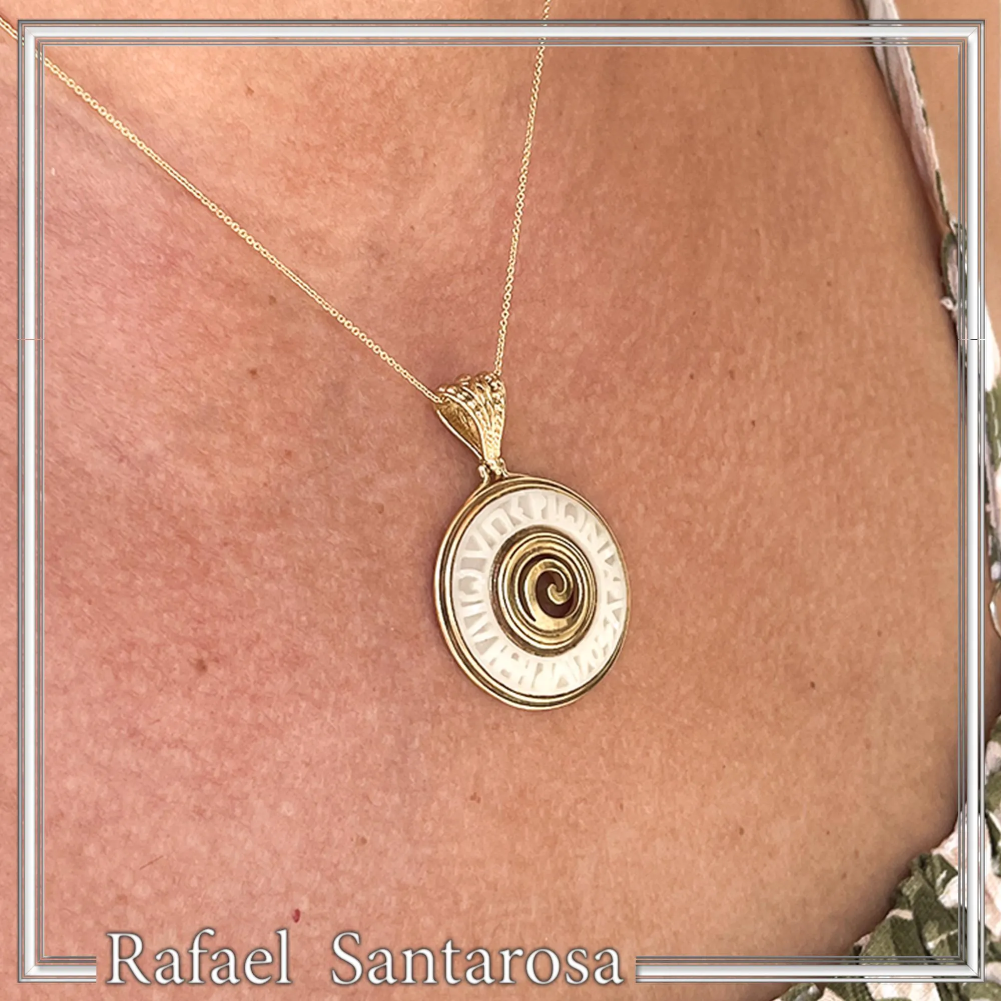 Ancient Greek Prayer Hymn to God Sun Pendant: 18k Gold Filled Silver, Sculptured Marble — additional product image 2 from Rafael Santarosa Fine Jewelry